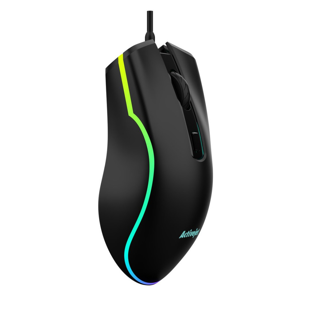 Ratón gaming negro con diseño curvo y detalles de iluminación RGB.