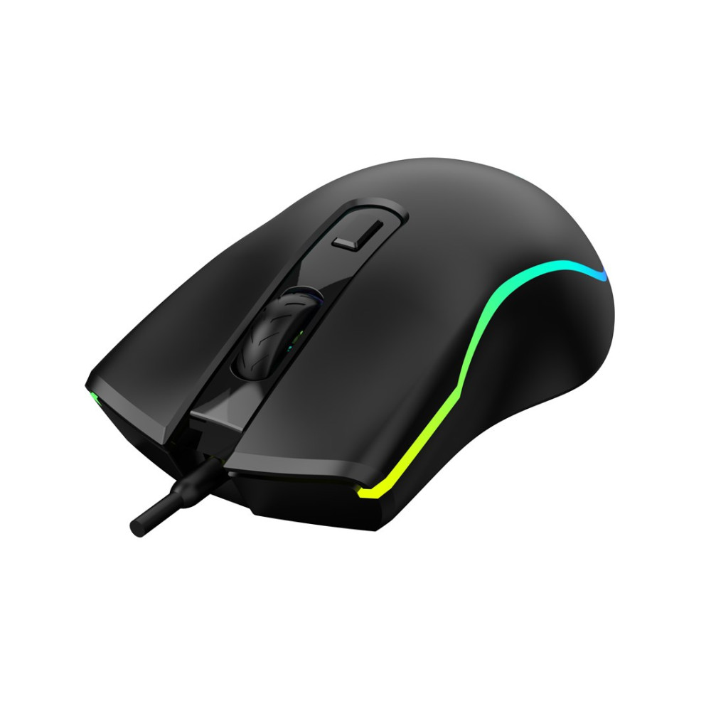 Ratón gaming negro con rueda de desplazamiento e iluminación RGB lateral.