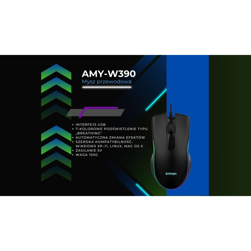 Ratón negro con iluminación RGB, especificaciones en polaco. Modelo AMY-W390.