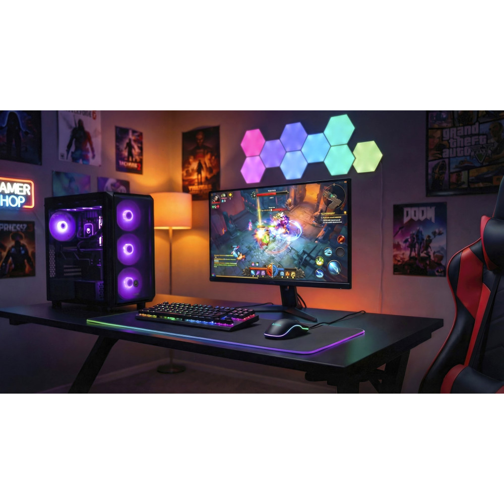 Un setup de gaming con un ordenador de sobremesa, monitor mostrando un juego, teclado, ratón y una silla gaming roja y negra.