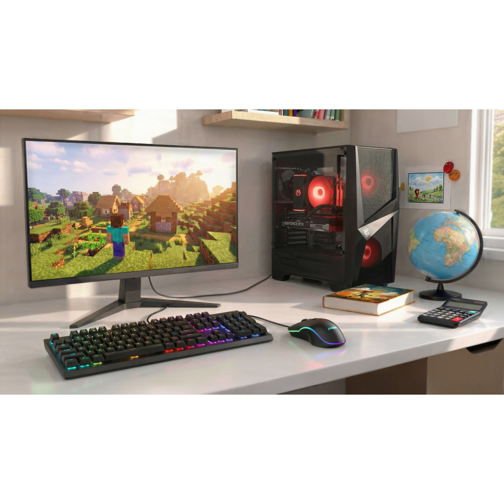 Una configuración de PC con Minecraft en pantalla, teclado, ratón y torre RGB.