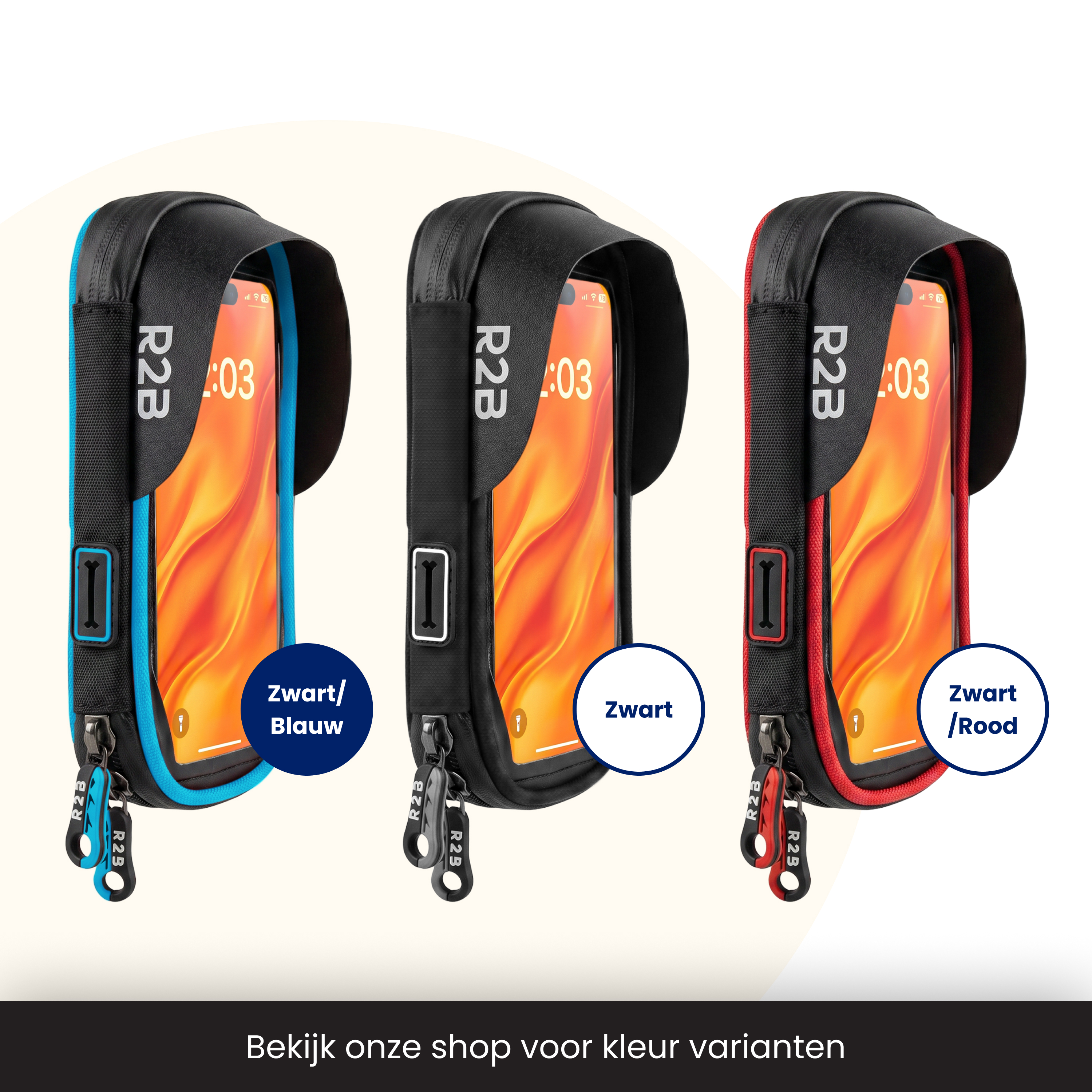 Drei Handyhüllen in Blau, Schwarz und Rot mit orangefarbenem Telefonbildschirm.