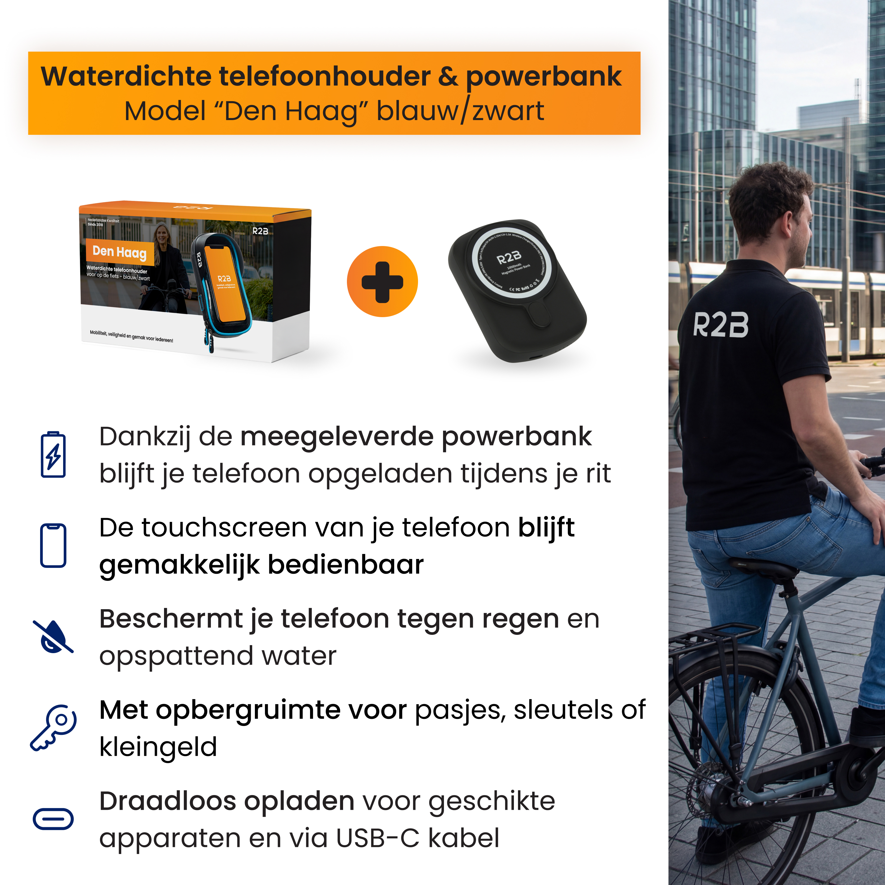 Wasserfester Handyhalter & Powerbank, Modell 'Den Haag', blau/schwarz, mit Mann auf Fahrrad.