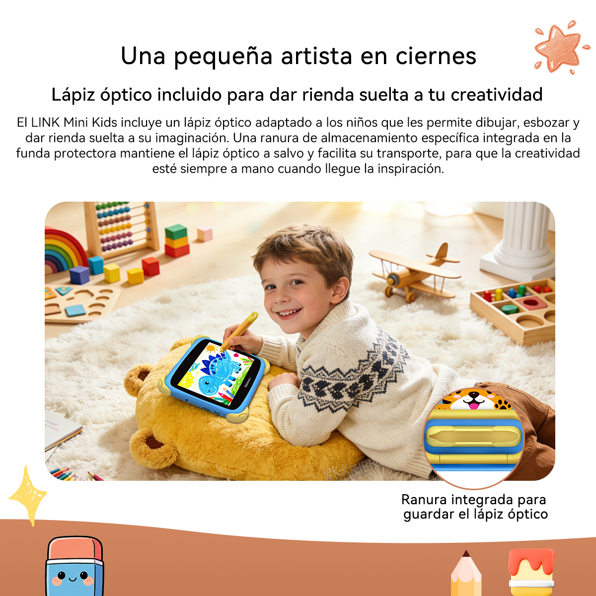 Un niño dibuja en una tablet sobre un cojín de oso. Juguetes al fondo.