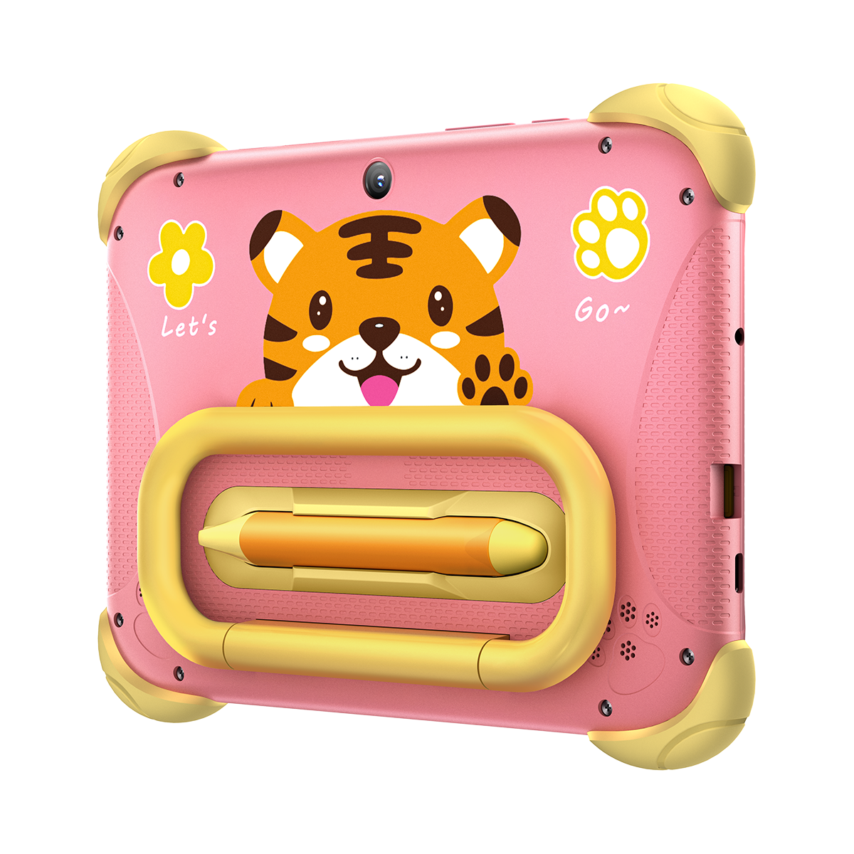 Tablet rosa con asa amarilla, con un tigre de dibujos animados y huella.