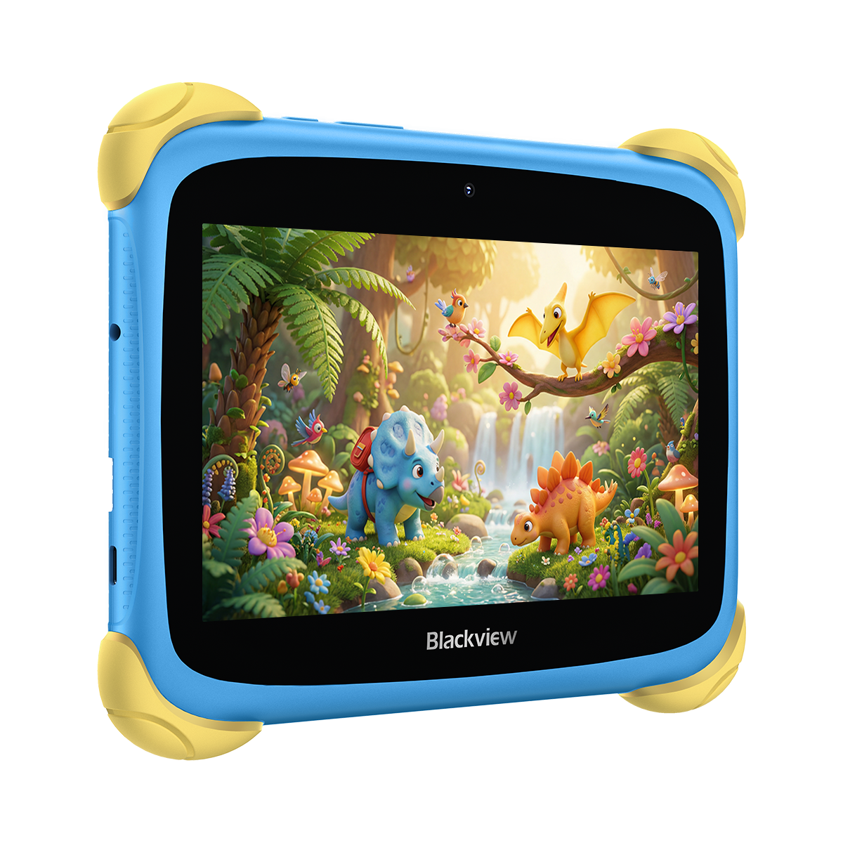 Una tableta azul con esquinas amarillas que muestra una escena selvática colorida con dinosaurios.