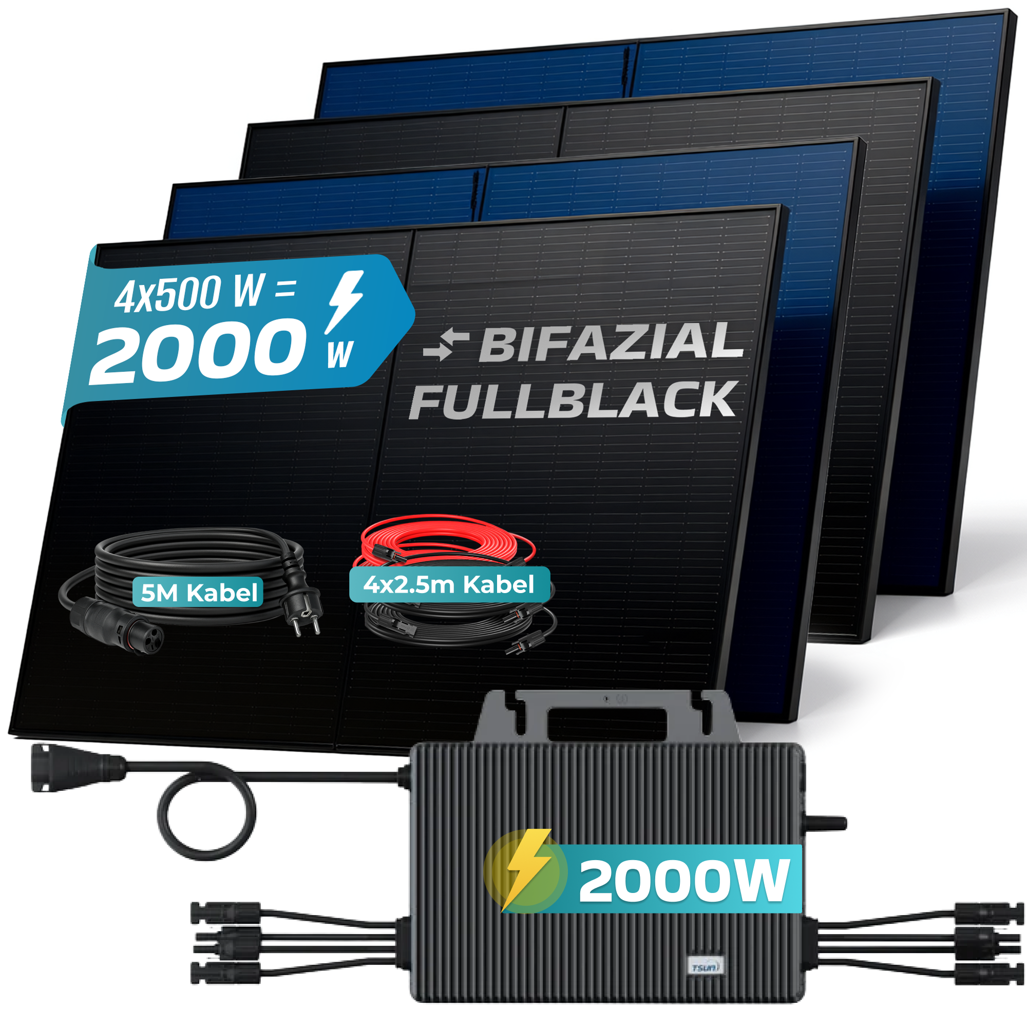 Vier bifaziale Full-Black-Solarpaneele, gesamt 2000W, mit Kabeln und Wechselrichter.