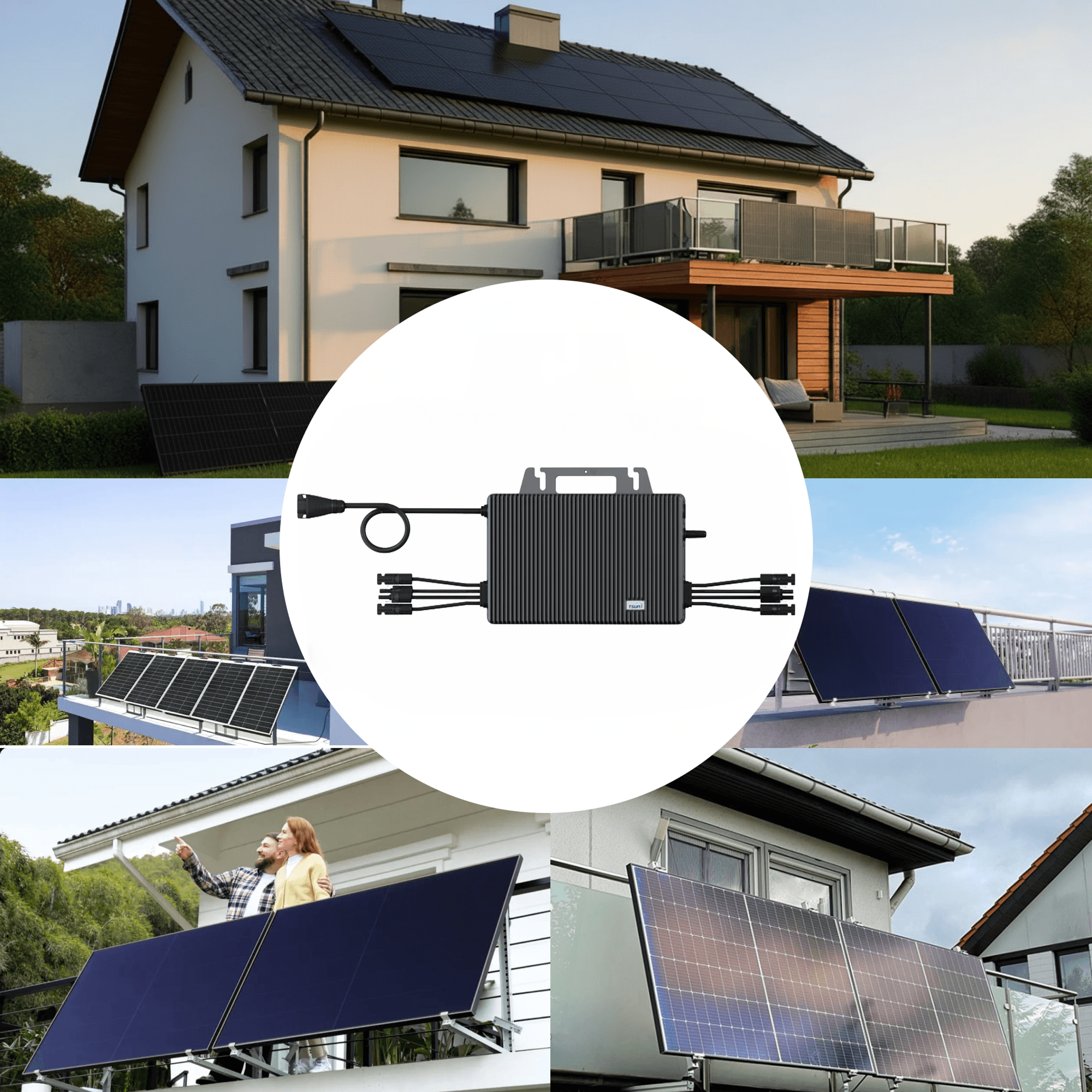 Ein Haus mit Solarmodulen auf dem Dach und Balkonen. Zentral ist ein schwarzer Wechselrichter.