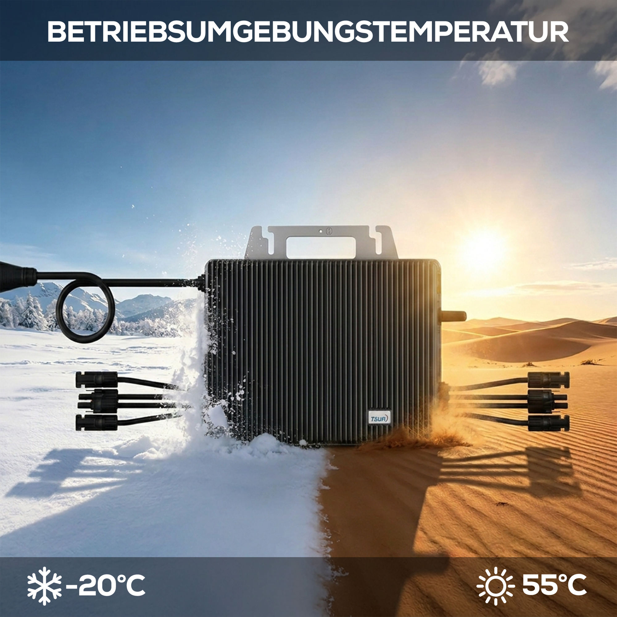 Gerät in Schnee und Wüste bei -20°C bis 55°C.