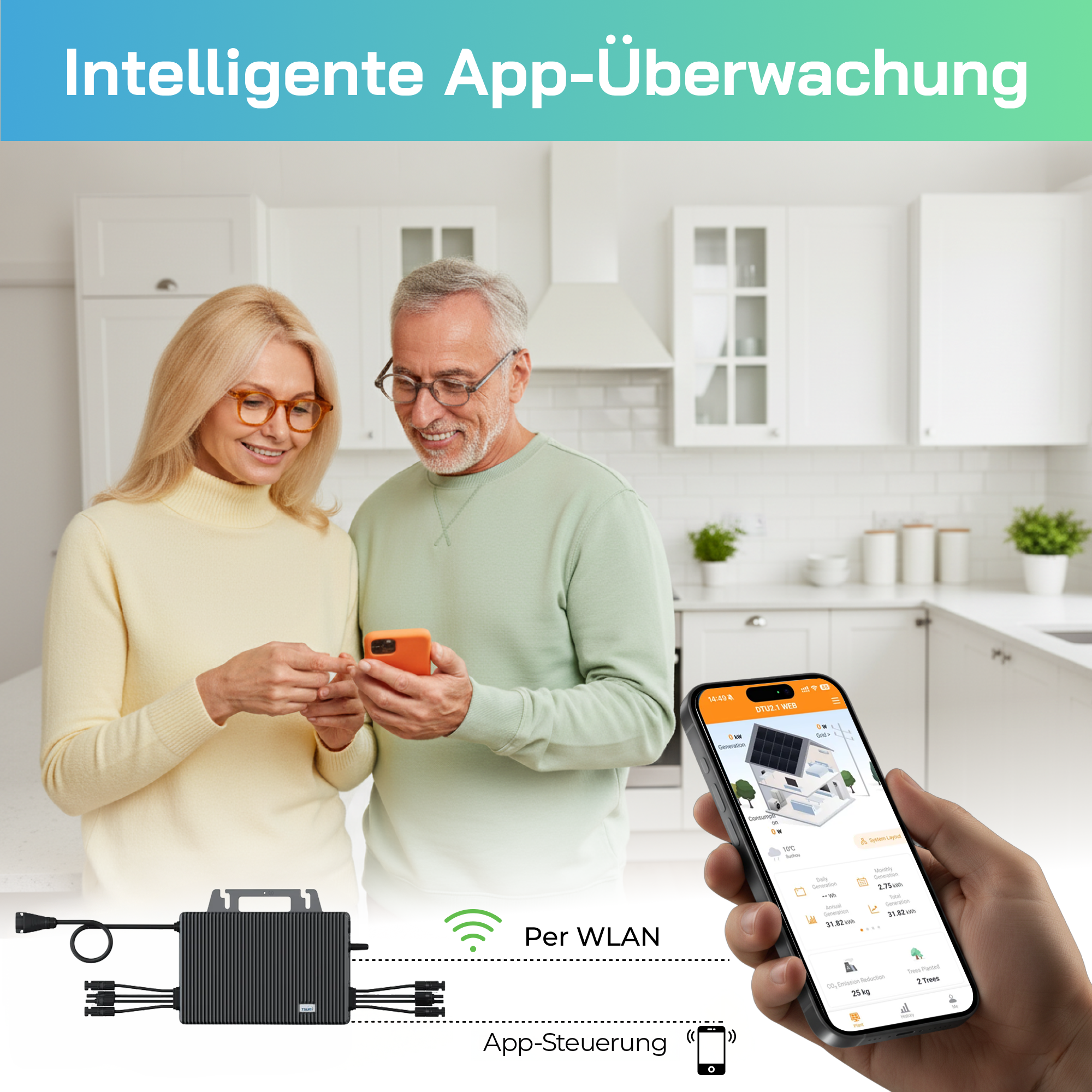 Älteres Paar schaut auf ein Smartphone, daneben ein Solar-Wechselrichter und App-Screenshots.