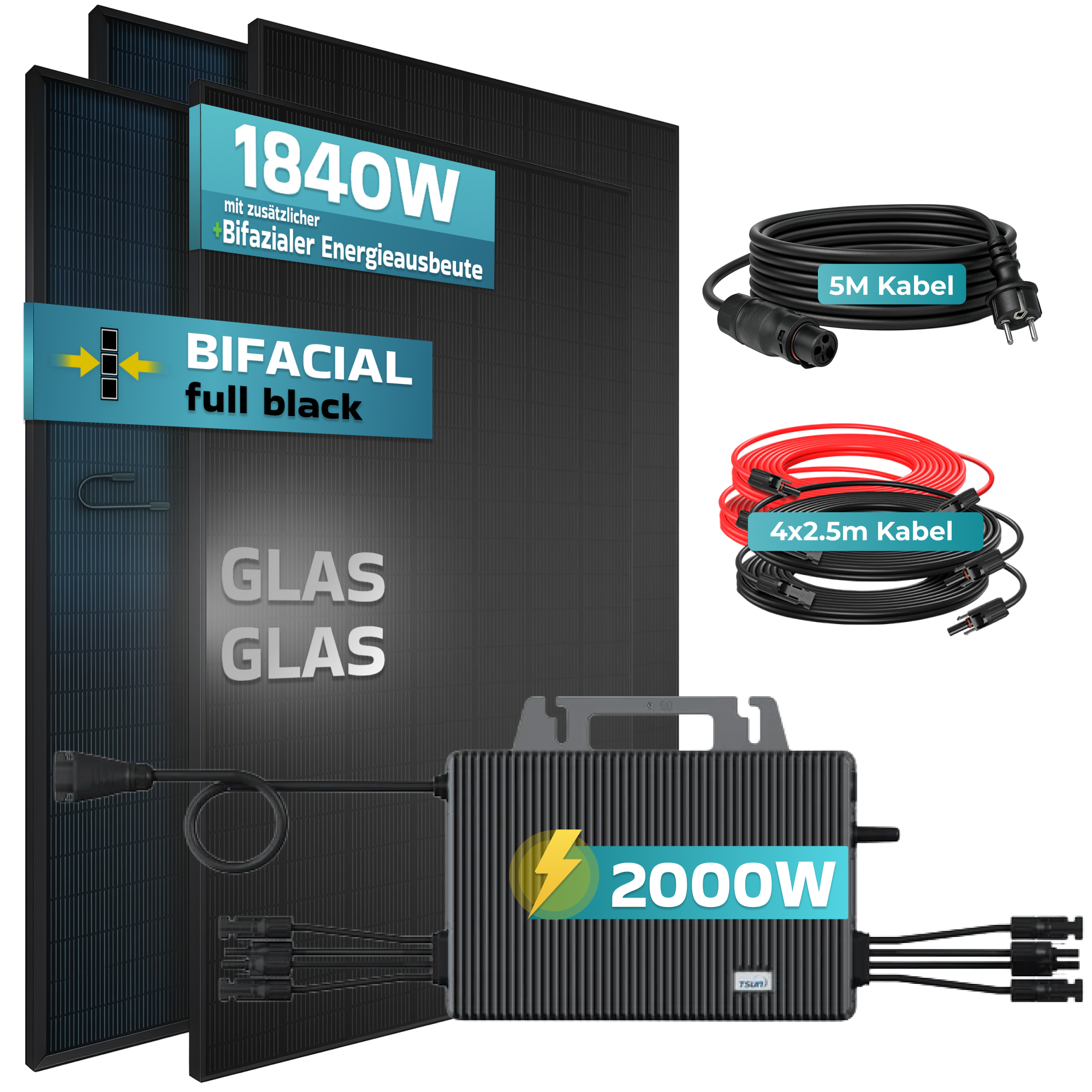 Solarpanels, Kabel und ein Wechselrichter werden gezeigt.