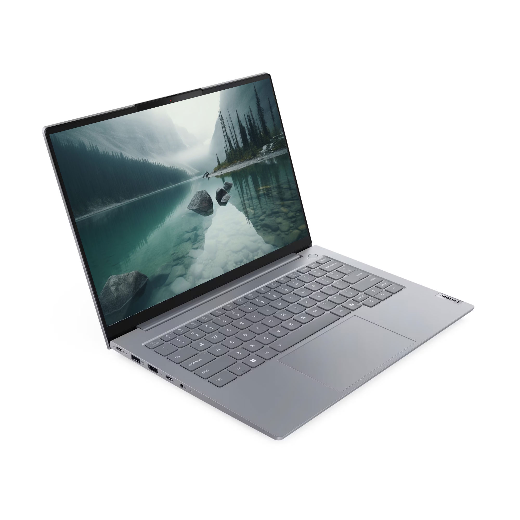 Ekranında dağ ve göl manzarası gösteren gri bir Lenovo dizüstü bilgisayar.
