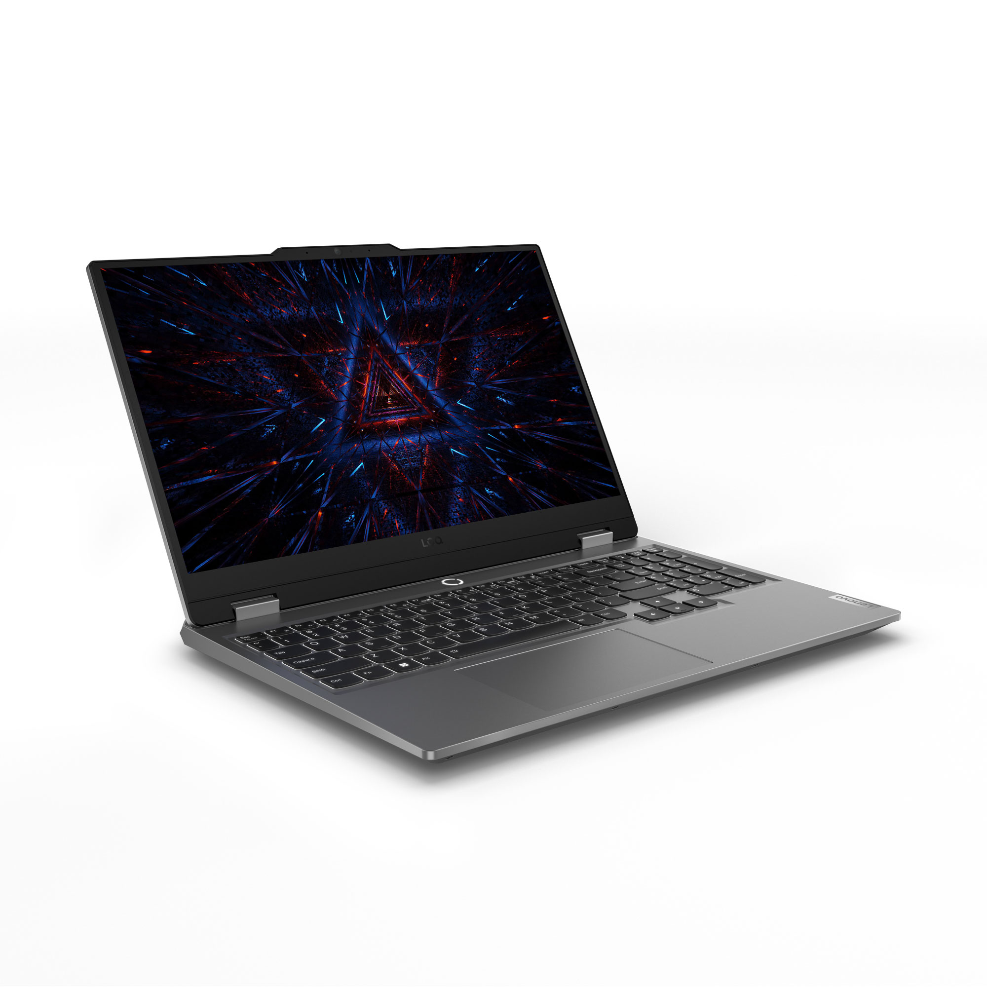 Ekranında soyut duvar kağıdı bulunan, arkadan aydınlatmalı klavyeli gri Lenovo dizüstü bilgisayar.