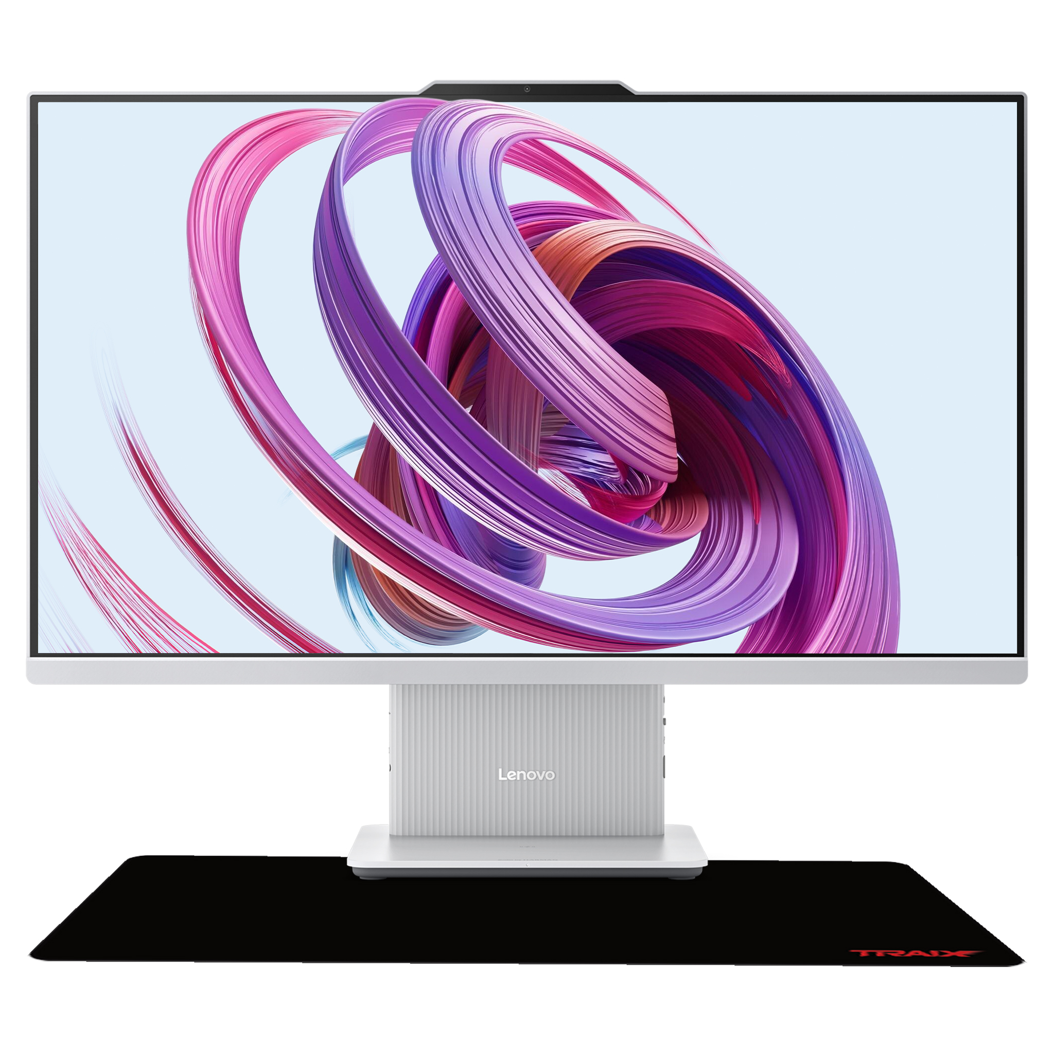Ekranında renkli soyut tasarıma sahip beyaz bir Lenovo monitör, siyah bir fare altlığının üzerindeki stantta duruyor.