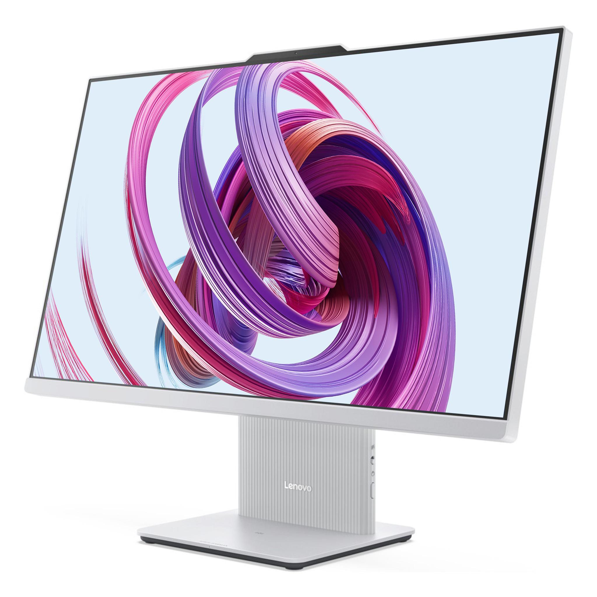 Renkli soyut arka plan resmine sahip gümüş renkli Lenovo monitör.