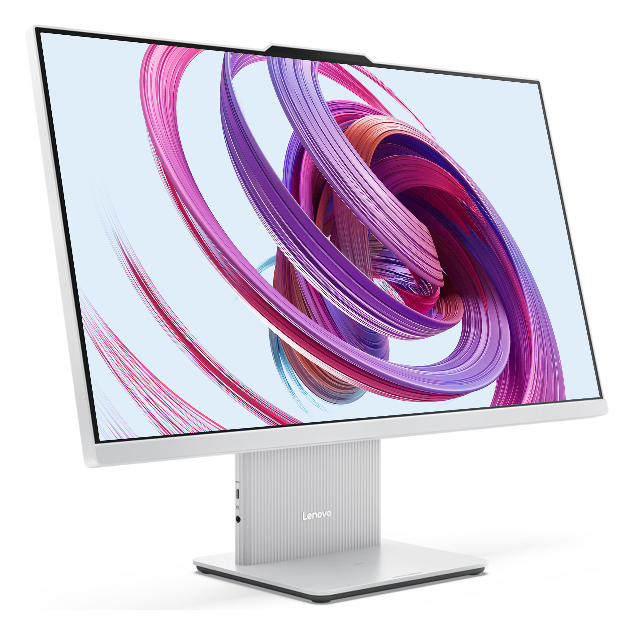 Renkli soyut arka plana sahip beyaz bir Lenovo monitörü.