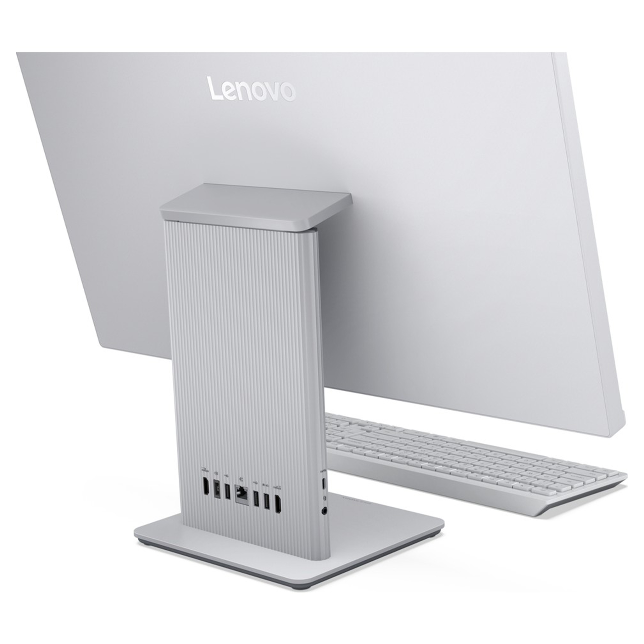 Klavye ve bağlantı noktalarına sahip beyaz bir Lenovo hepsi bir arada bilgisayarın arka görünümü.