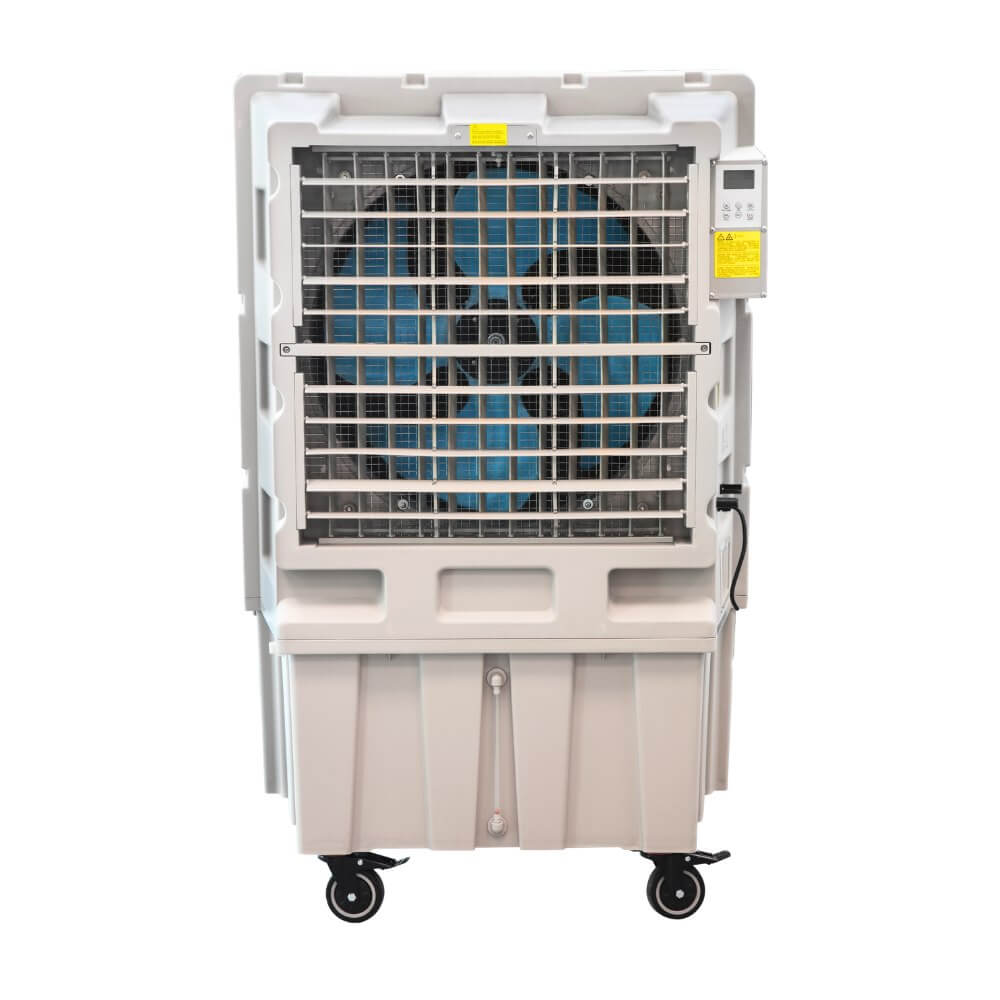 Un enfriador evaporativo blanco con aspas de ventilador azules visibles y ruedas.