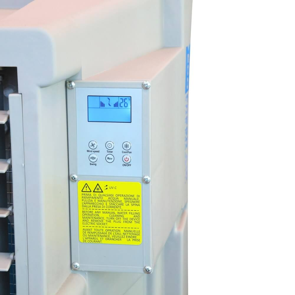 Panel de control con pantalla LCD azul y botones para velocidad del viento, temporizador y ventilador.