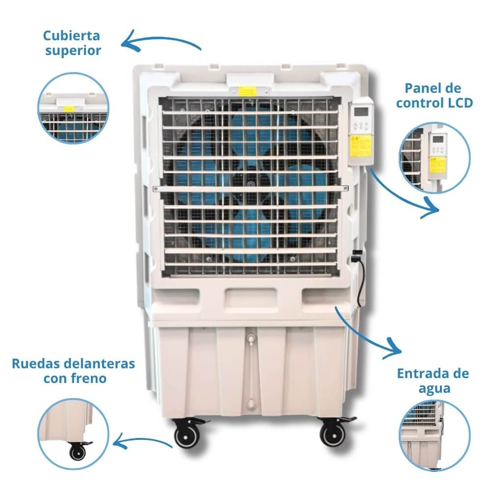 Un enfriador evaporativo blanco con ventilador azul, panel de control LCD y ruedas.