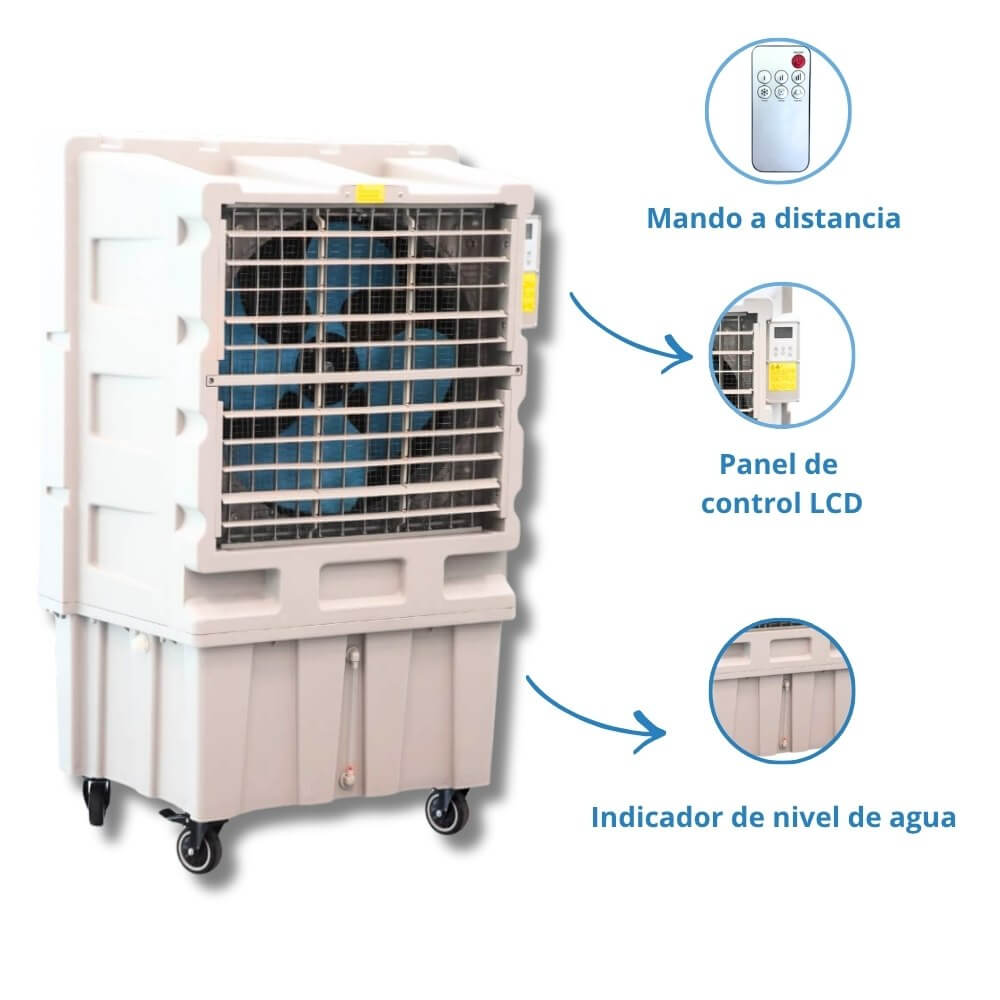 Un enfriador evaporativo blanco con ventiladores azules, control remoto y panel LCD.