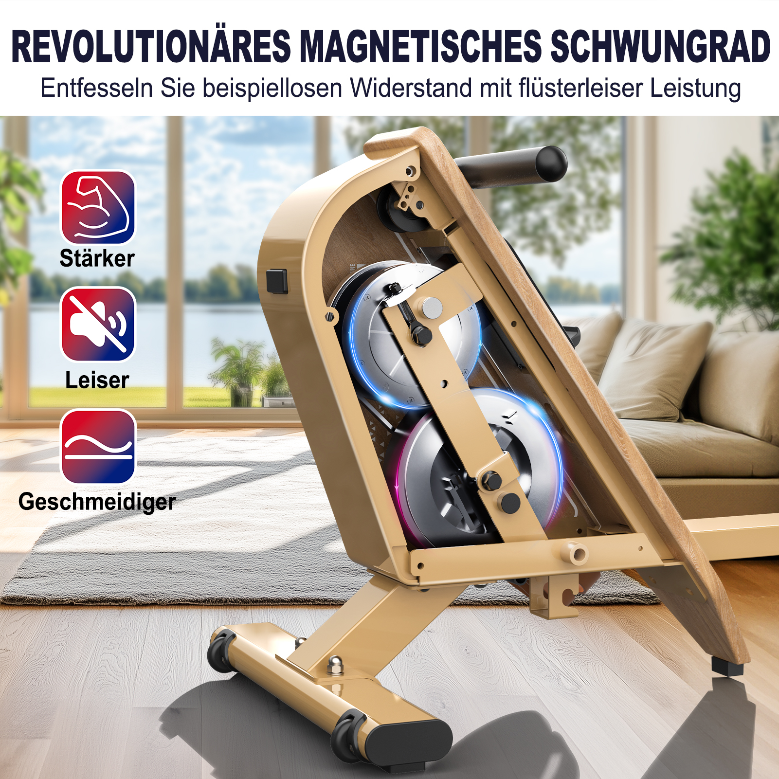 Goldene Heimtrainer-Einheit mit sichtbarem Schwungrad und Fenstern im Hintergrund.