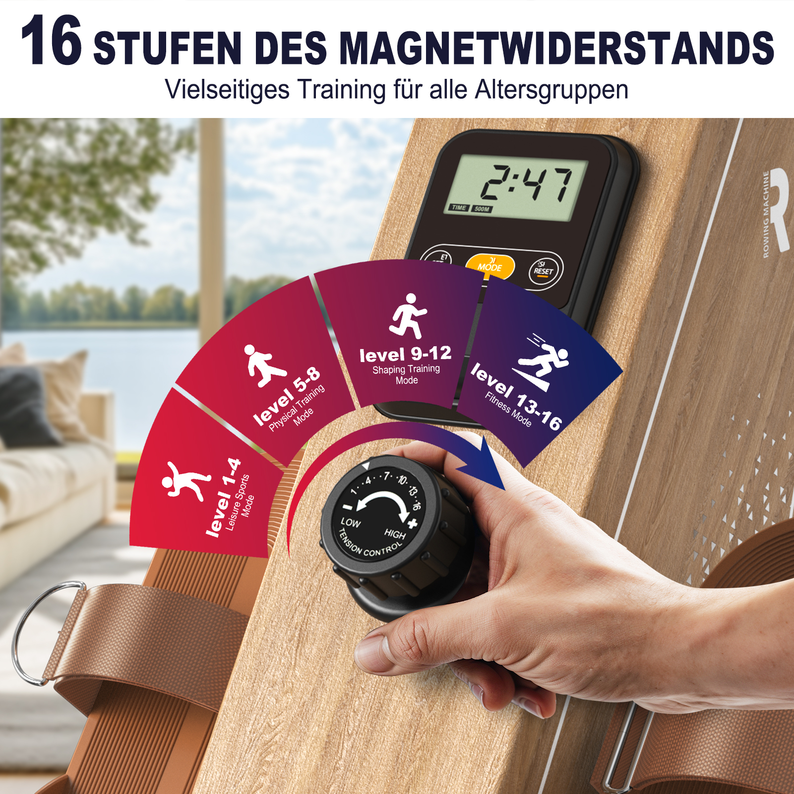 Ein Trainingsgerät mit Display, Bedienelementen und verschiedenen Stufen.