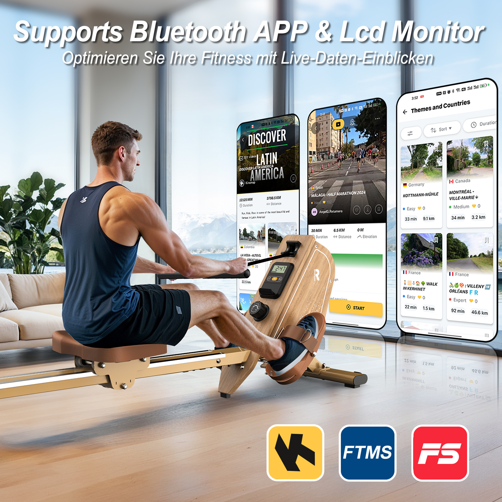 Mann rudert auf einem Ergometer, während Handy-Apps mit Trainingsdaten angezeigt werden.