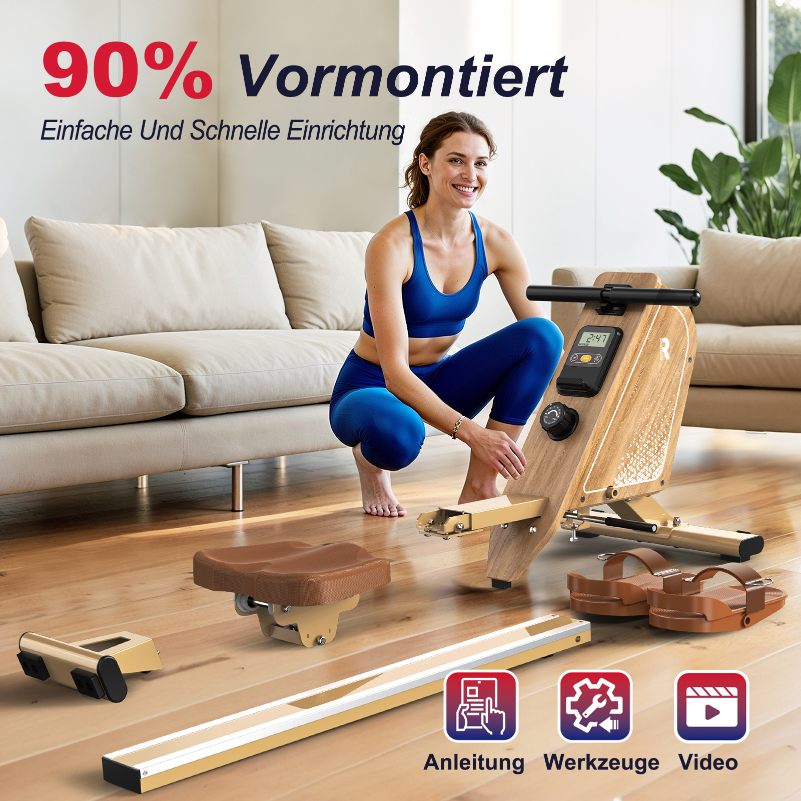 Frau kniet neben Holz-Rudergerät mit Anleitungssymbolen auf dem Boden.