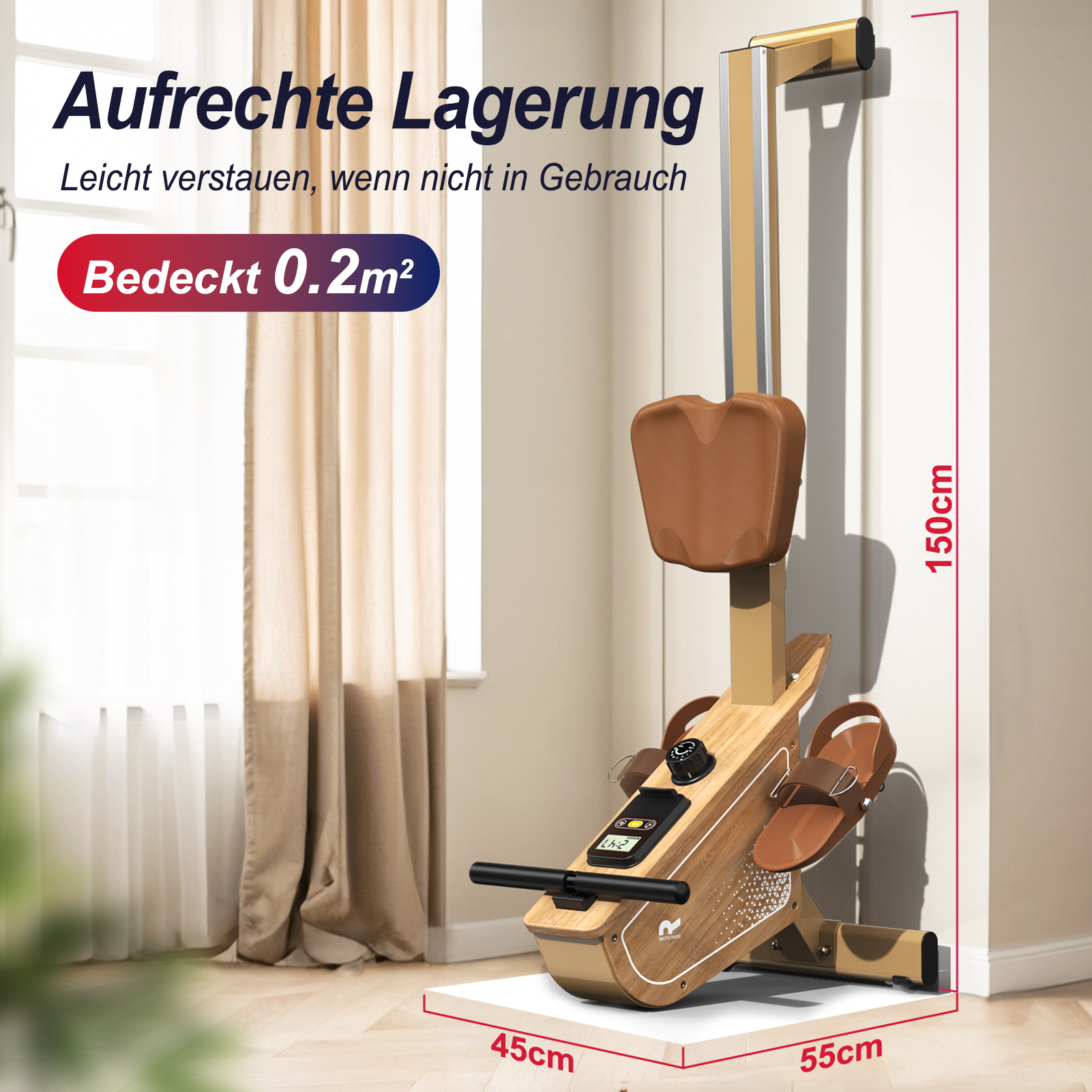 Ein goldbraunes Rudergerät steht aufrecht und nimmt nur 0.2m² ein.