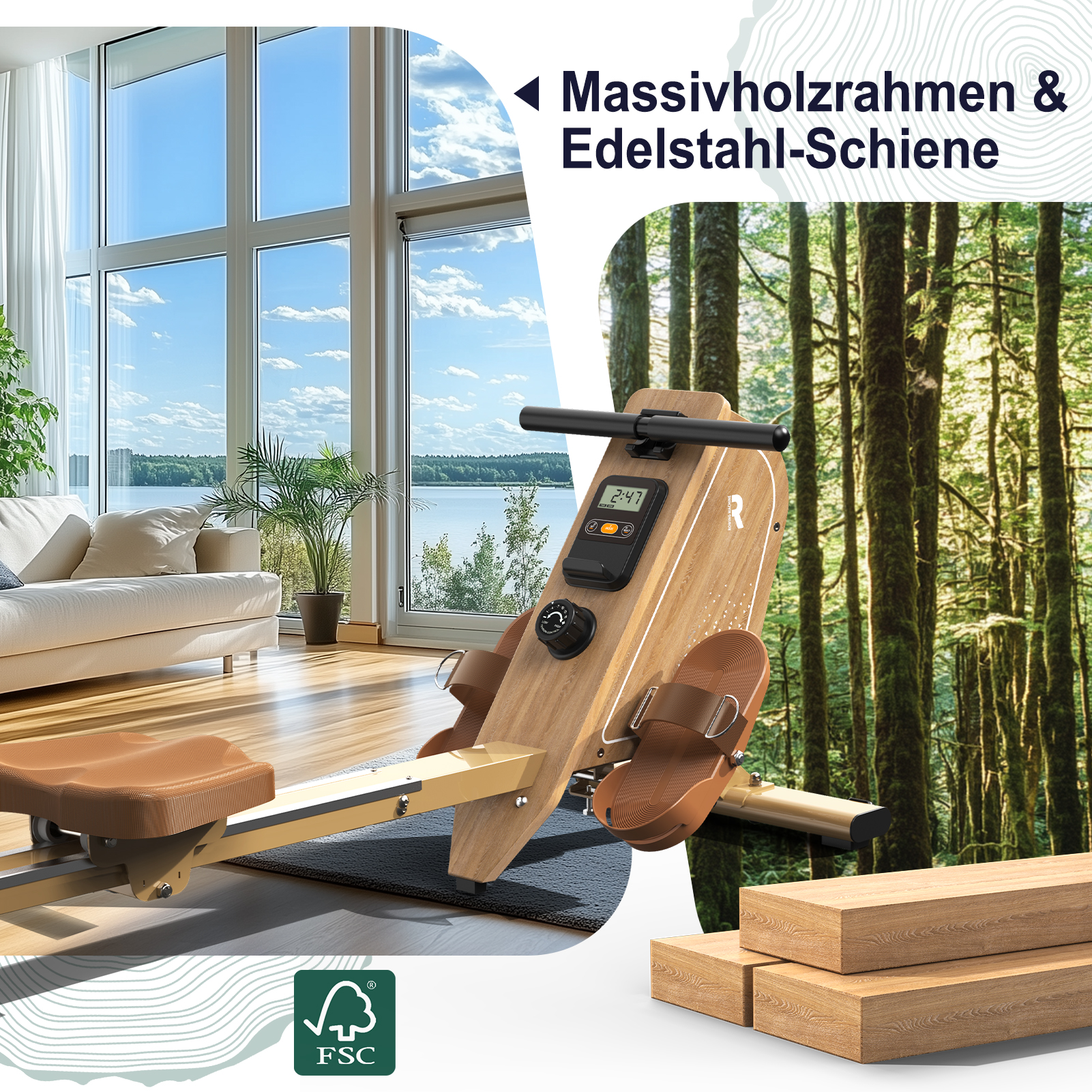 Ein Holz-Rudergerät steht vor einem Fenster mit Blick auf einen See und einen Wald.