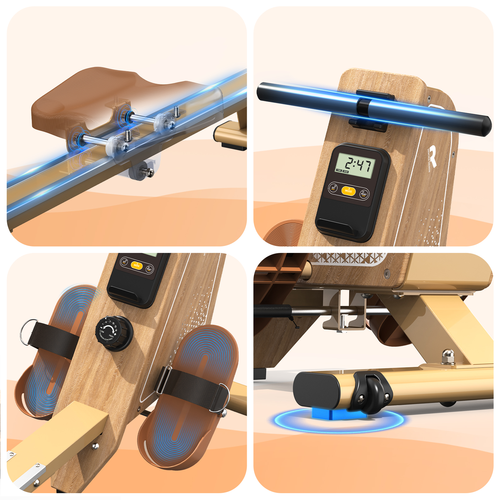 Ein Holz-Rudergerät mit Details: Sitz, Konsole, Pedale und Räder.
