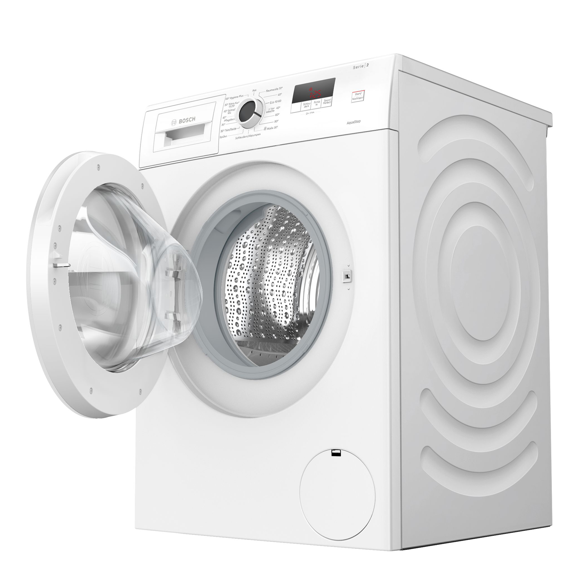 Eine weiße Bosch Waschmaschine mit geöffneter Tür und Trommel, detailliert.