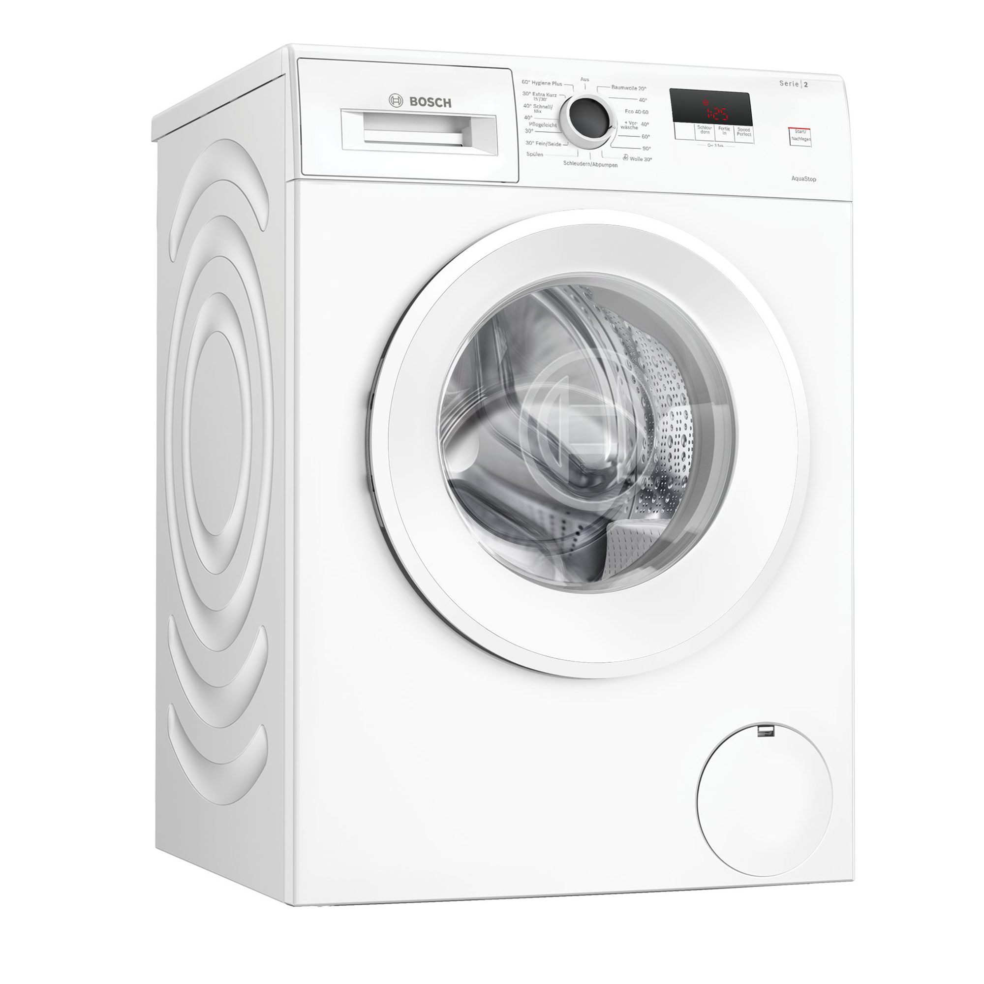 Eine weiße Bosch Waschmaschine mit sichtbarer Trommel und Bedienfeld.