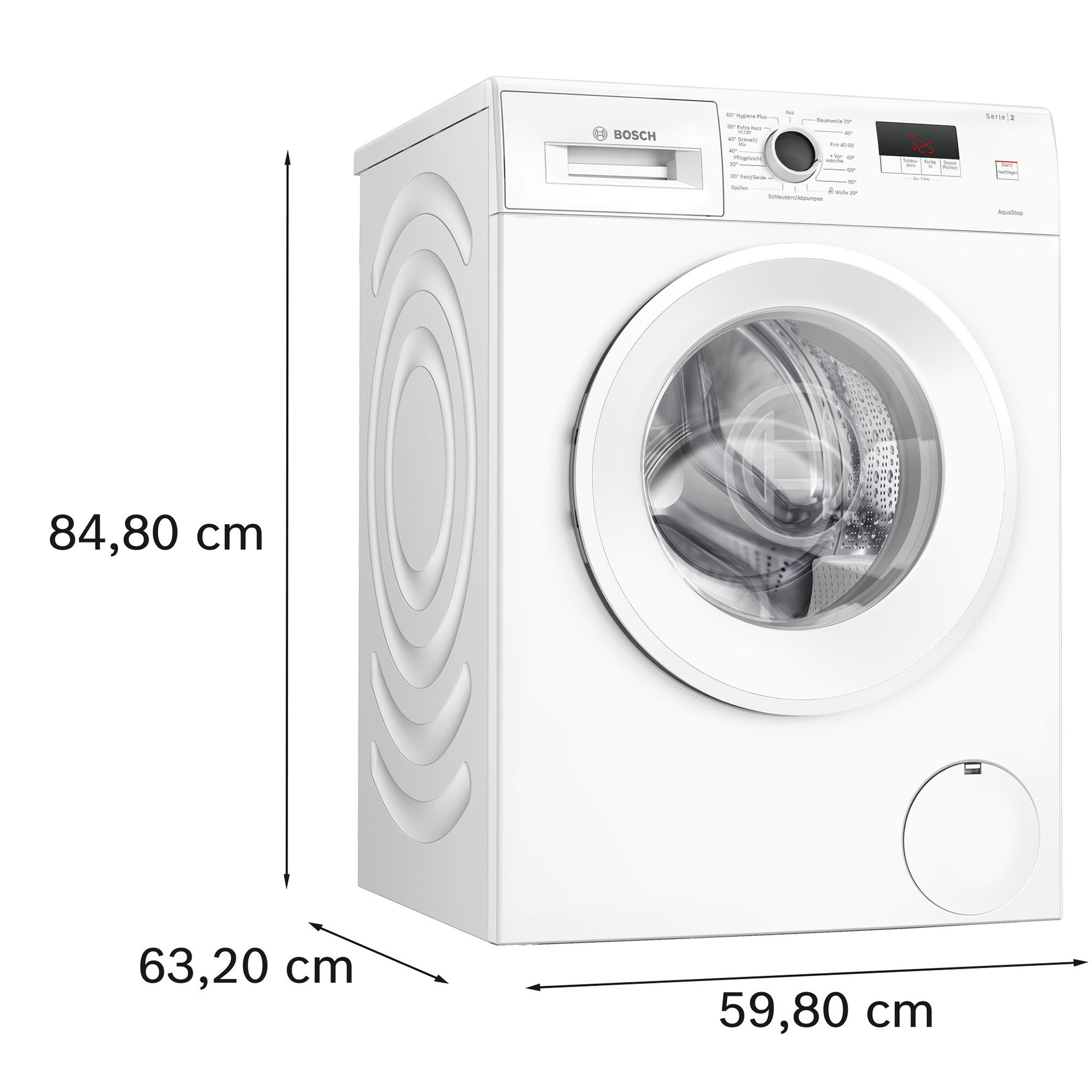 Eine weiße Bosch Waschmaschine mit Maßen und einem geöffneten Bullauge.