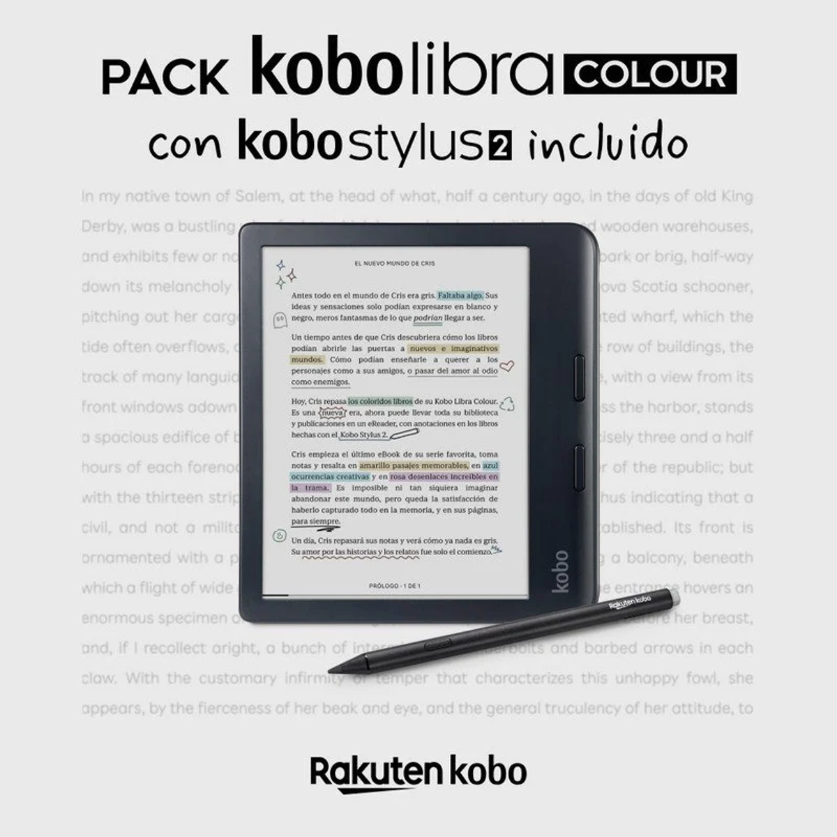 Kobo eReader mit Stift und Text. "PACK kobolibra COLOUR".