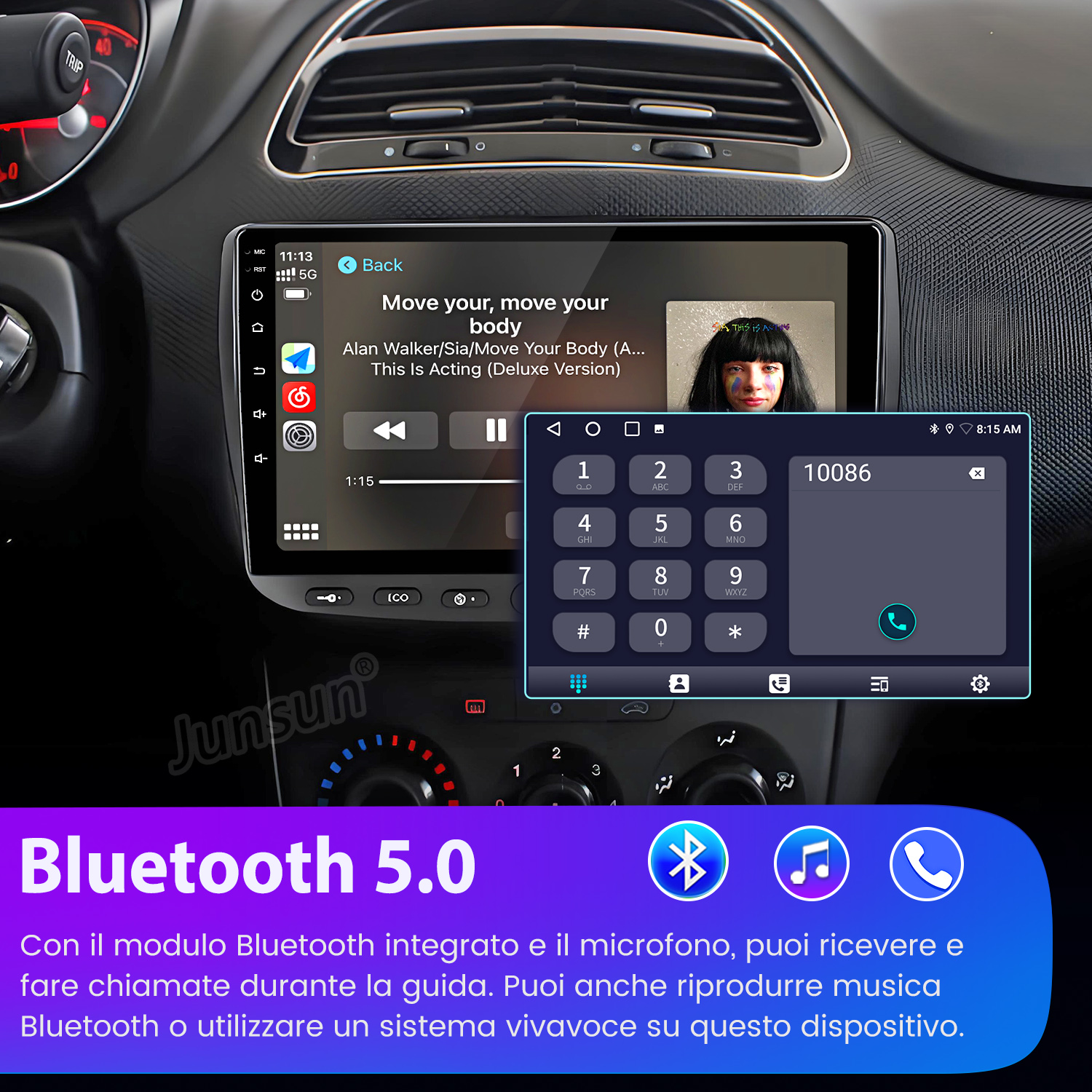 Cruscotto auto con schermo touch che mostra musica e tastierino numerico.