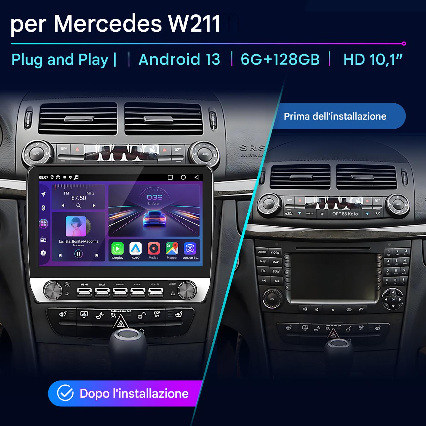 Confronto: Sistema infotainment auto Mercedes W211 prima e dopo installazione.