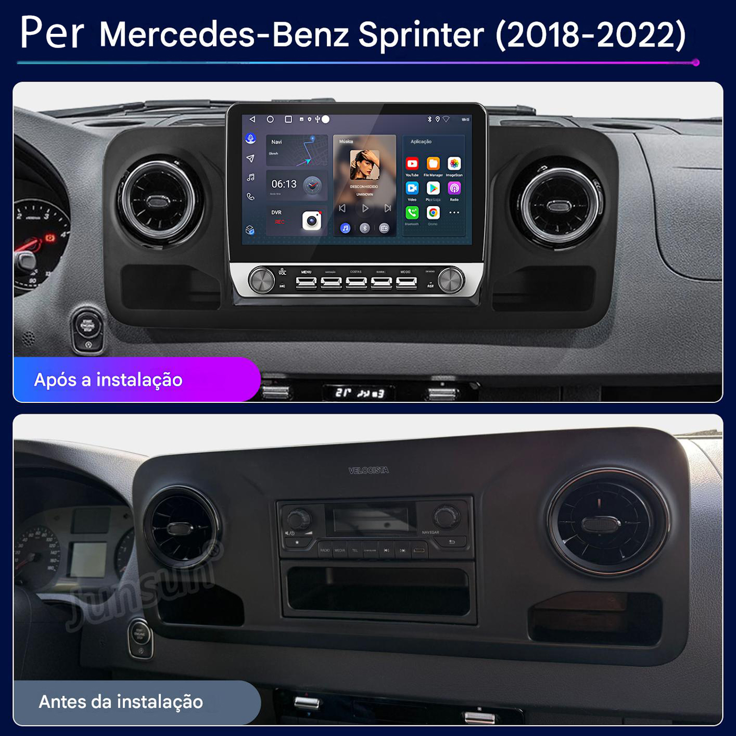 Cruscotto Mercedes-Benz Sprinter 2018-2022: prima e dopo installazione stereo.
