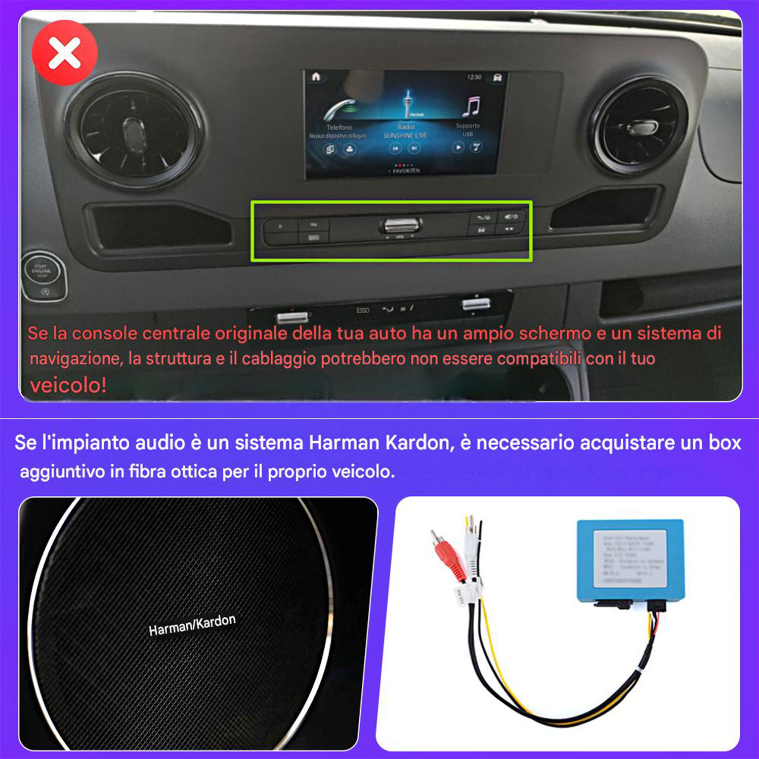 Interno auto con schermo infotainment, bocchette aria e pulsanti di controllo.