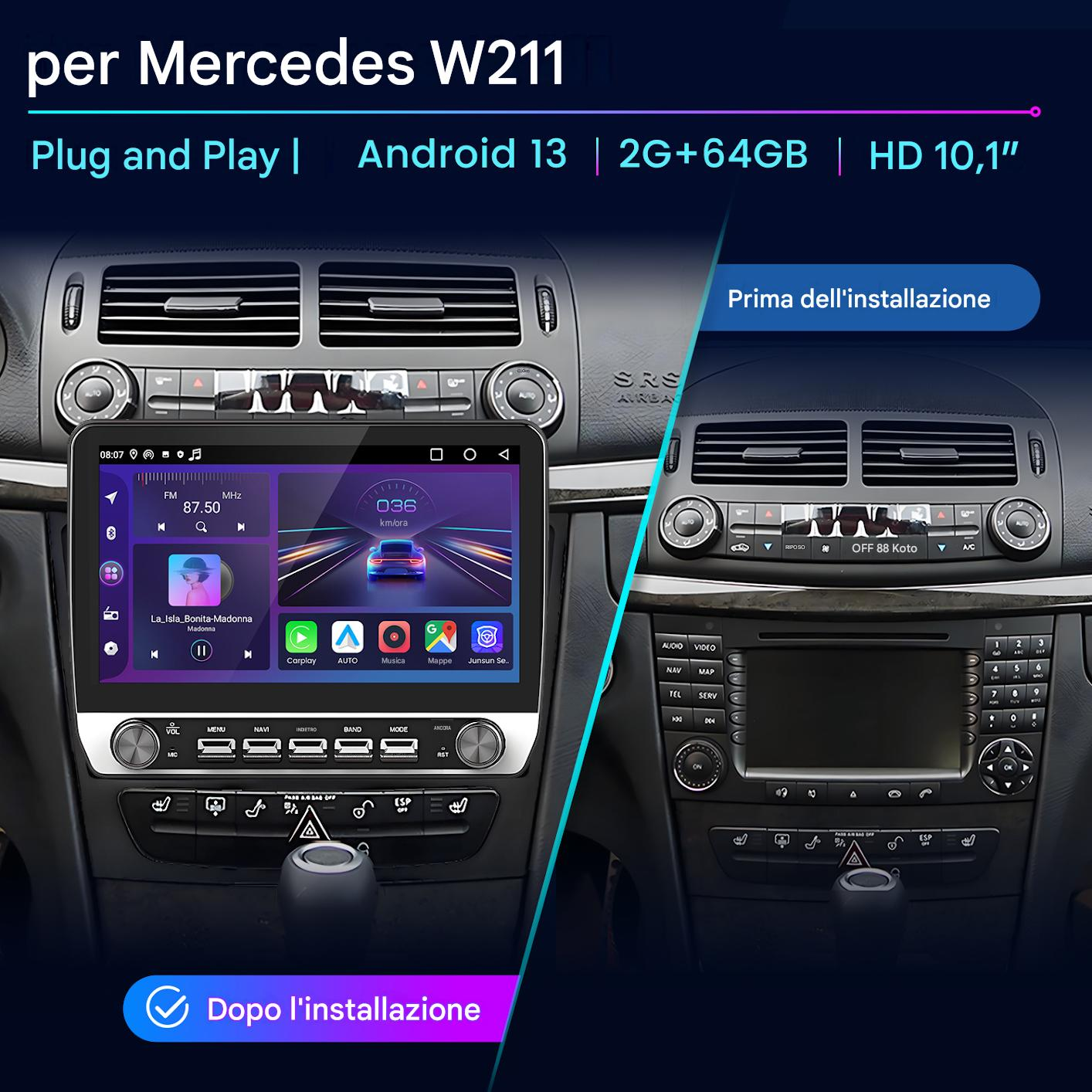 Vista prima e dopo di un sistema di infotainment Android 13 per Mercedes W211.