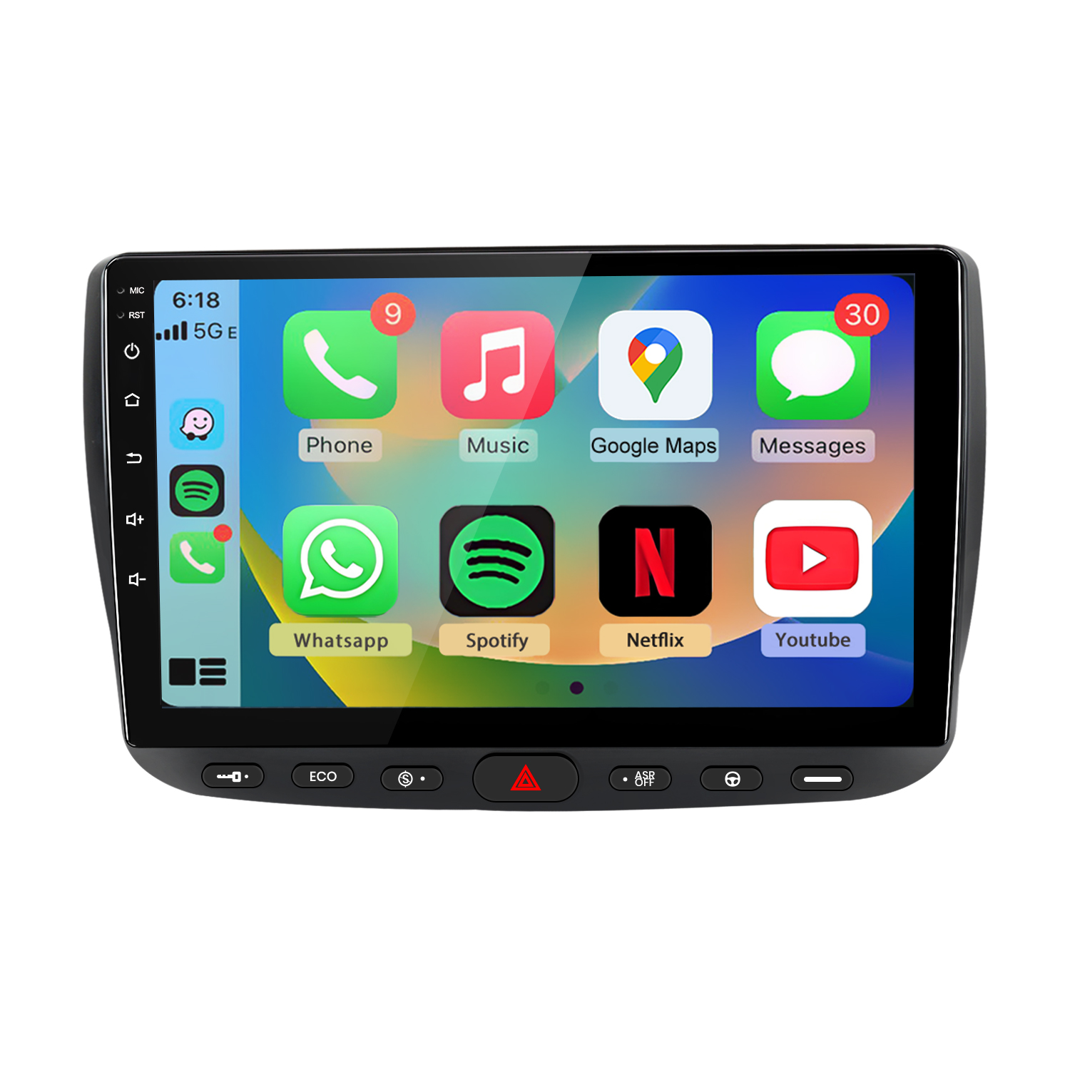 Schermo autoradio con icone app: Telefono, Musica, Mappe, Messaggi, Whatsapp, Spotify, Netflix, Youtube.