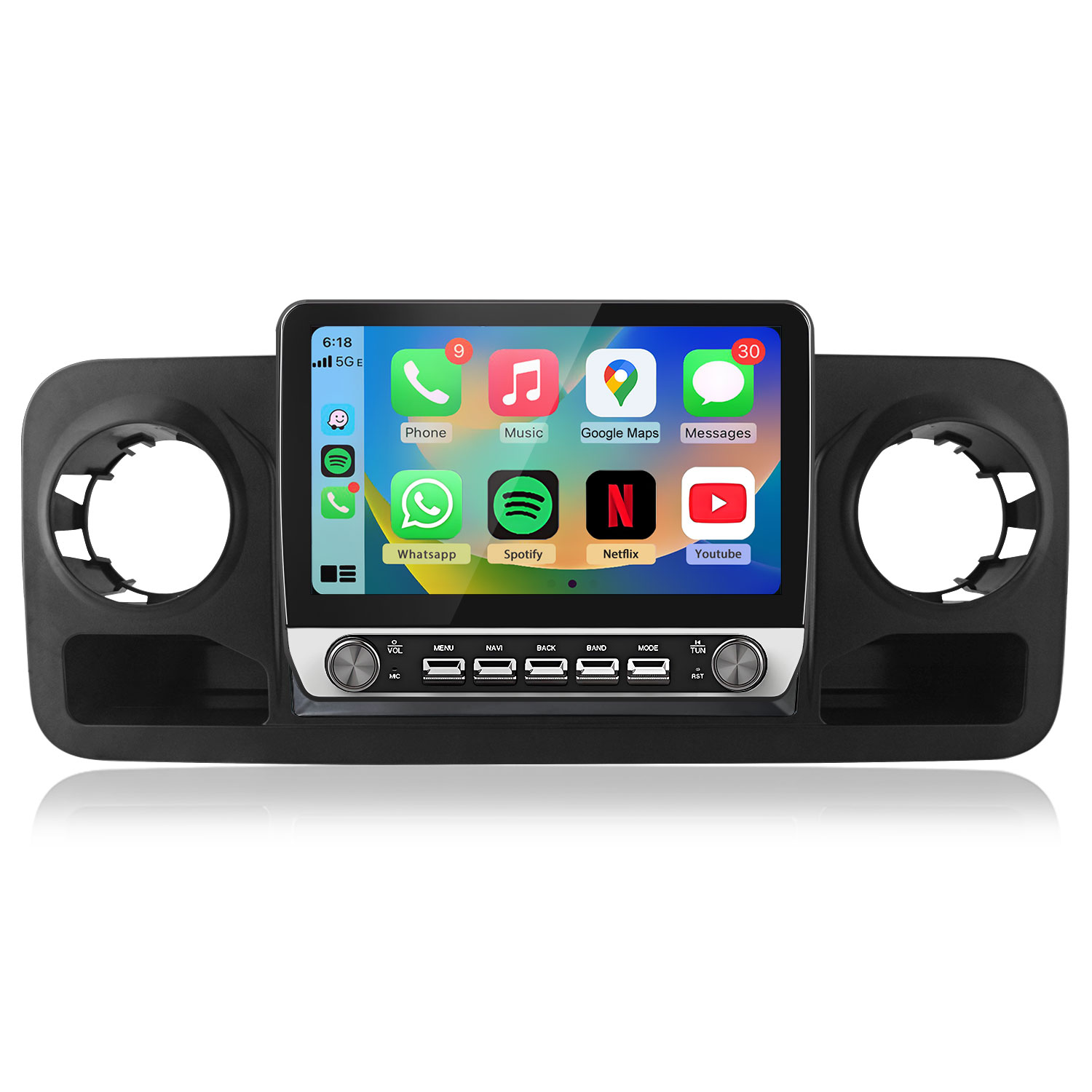 Schermo touch autoradio mostra icone app: Telefono, Musica, Google Maps, Messaggi, Whatsapp, Spotify, Netflix, Youtube.