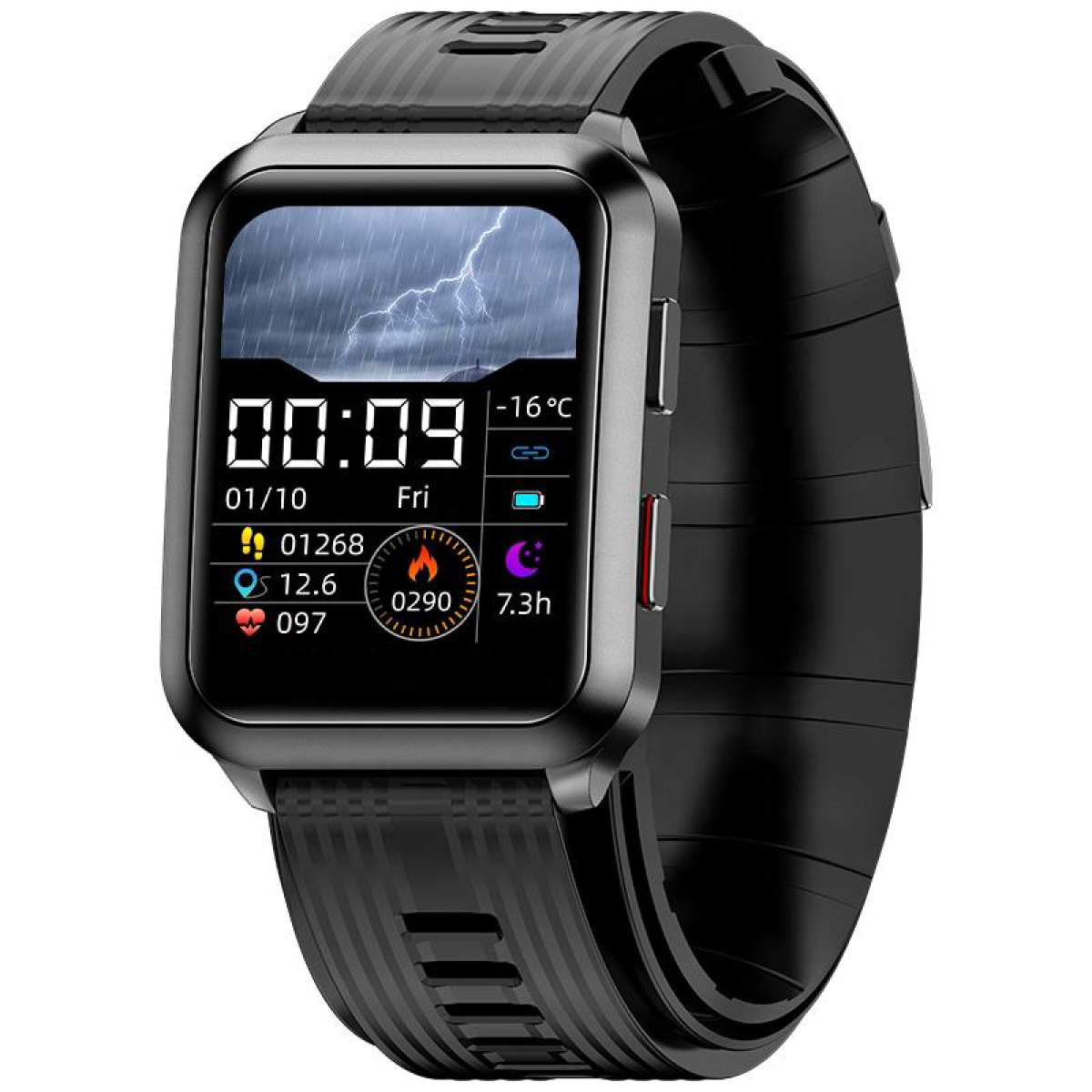Smartwatch nero con display meteo: fulmine, pioggia, -16°C, ora, data, passi, battito cardiaco.