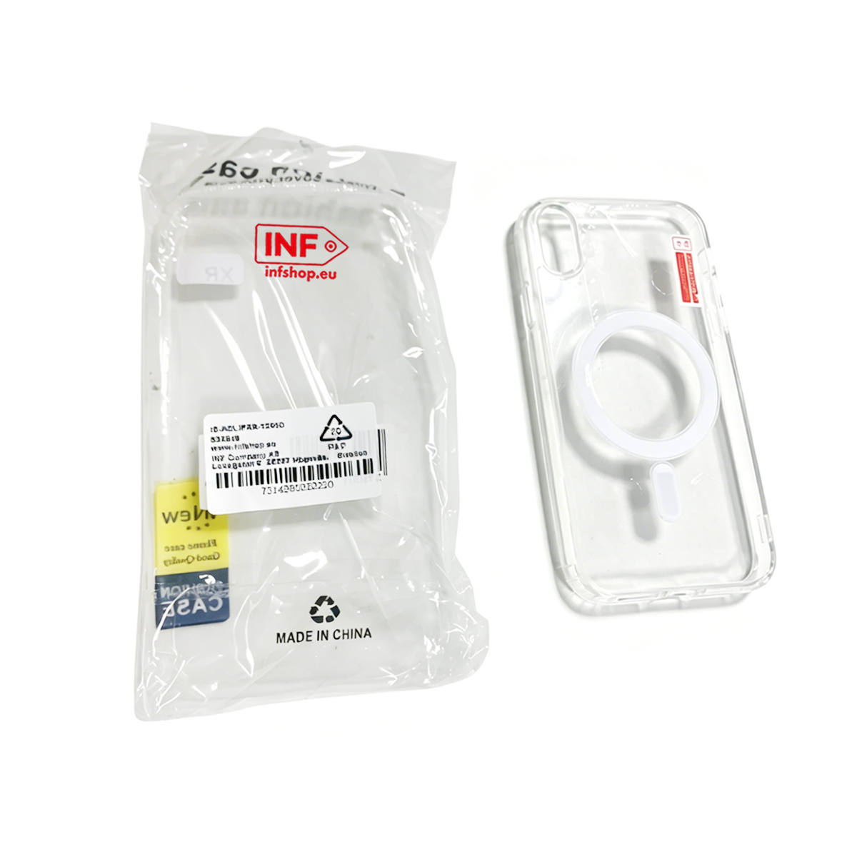 Eine klare Handyhülle mit weißem Ring und eine verpackte Hülle daneben.
