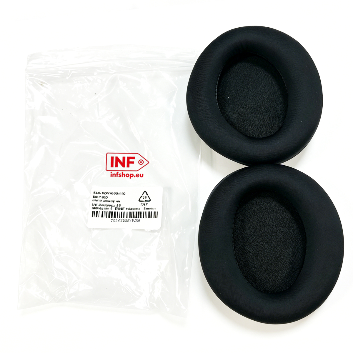 Two black ear pads and a bag with INF logo on a white background.