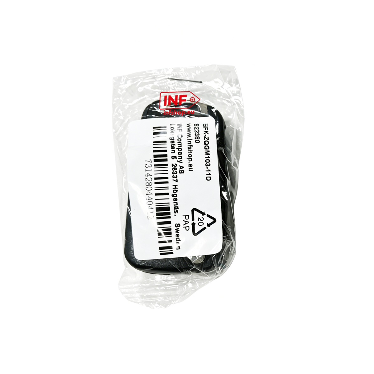 Schwarzes INF-Produkt in transparenter Verpackung mit Etikett.