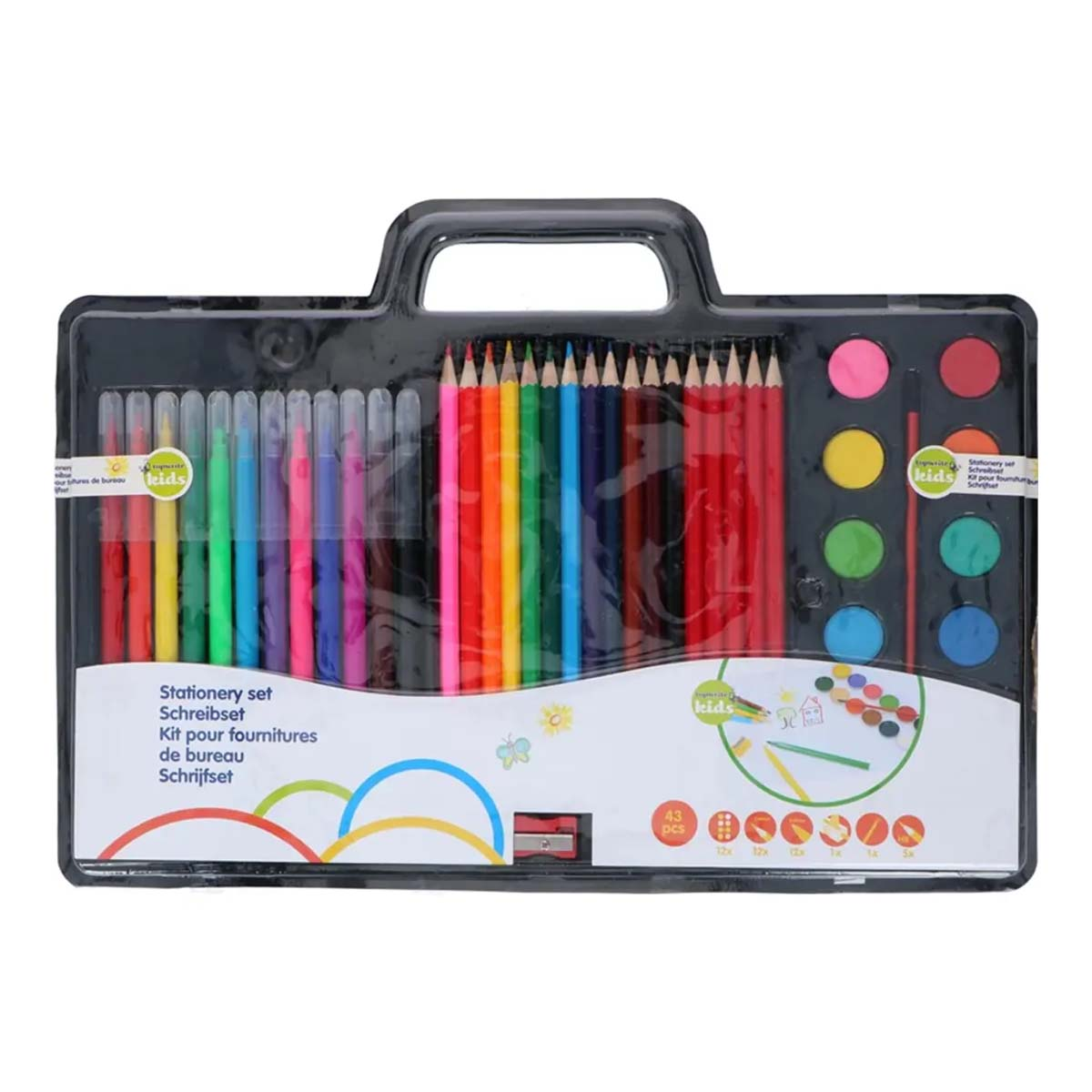 Ein schwarzer Koffer aus Kunststoff enthält ein Schreibset mit Buntstiften, Filzstiften und Aquarellfarben.