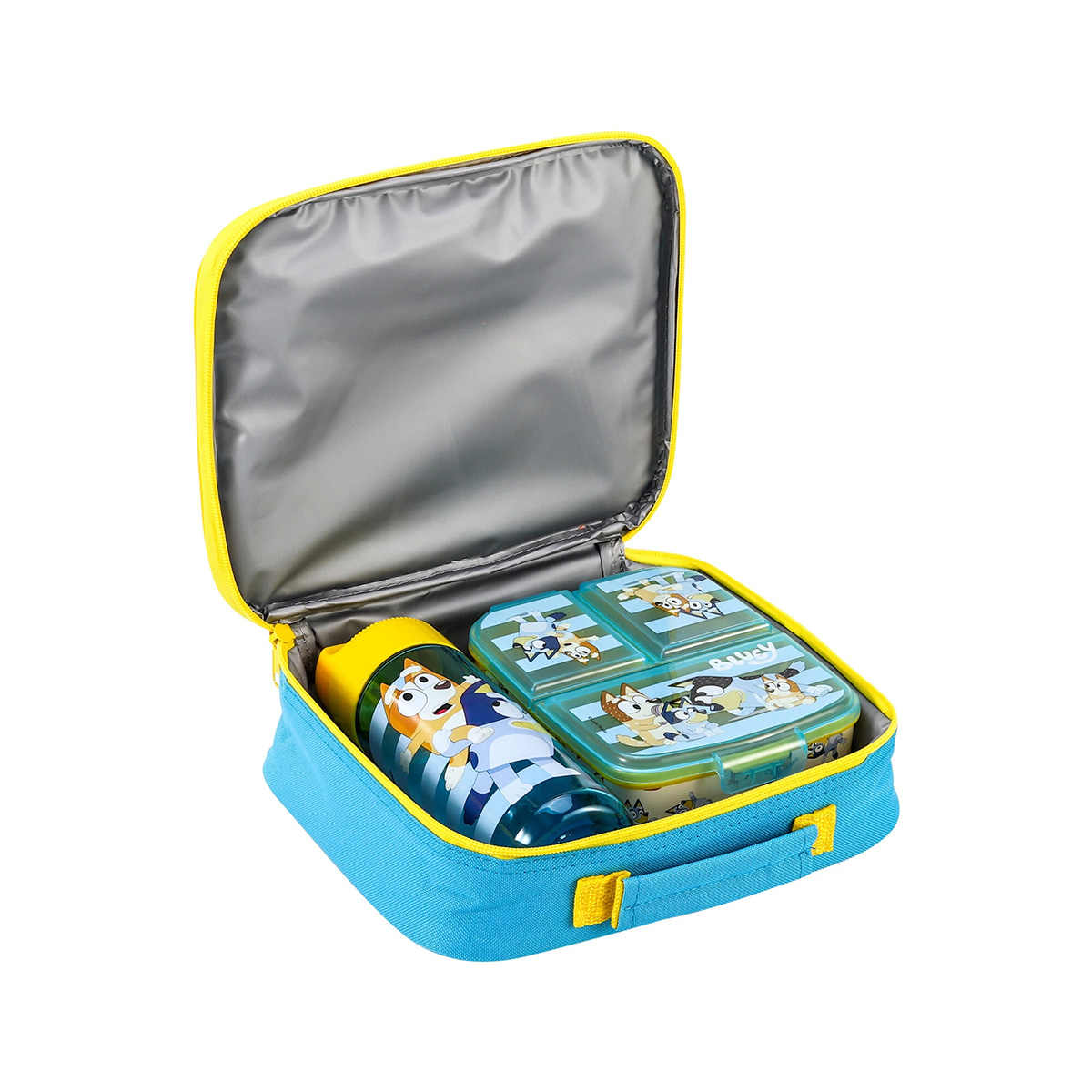 Blaue Lunchtasche mit gelber Umrandung, geöffnet mit Bento-Box und Wasserflasche mit Bluey-Figuren.