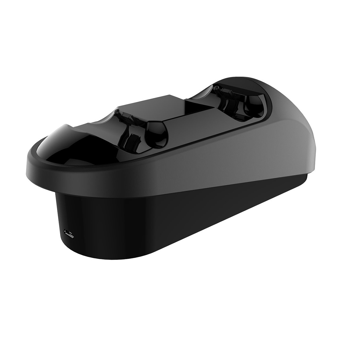Eine schwarze Doppel-Controller-Ladestation mit USB-Anschluss.